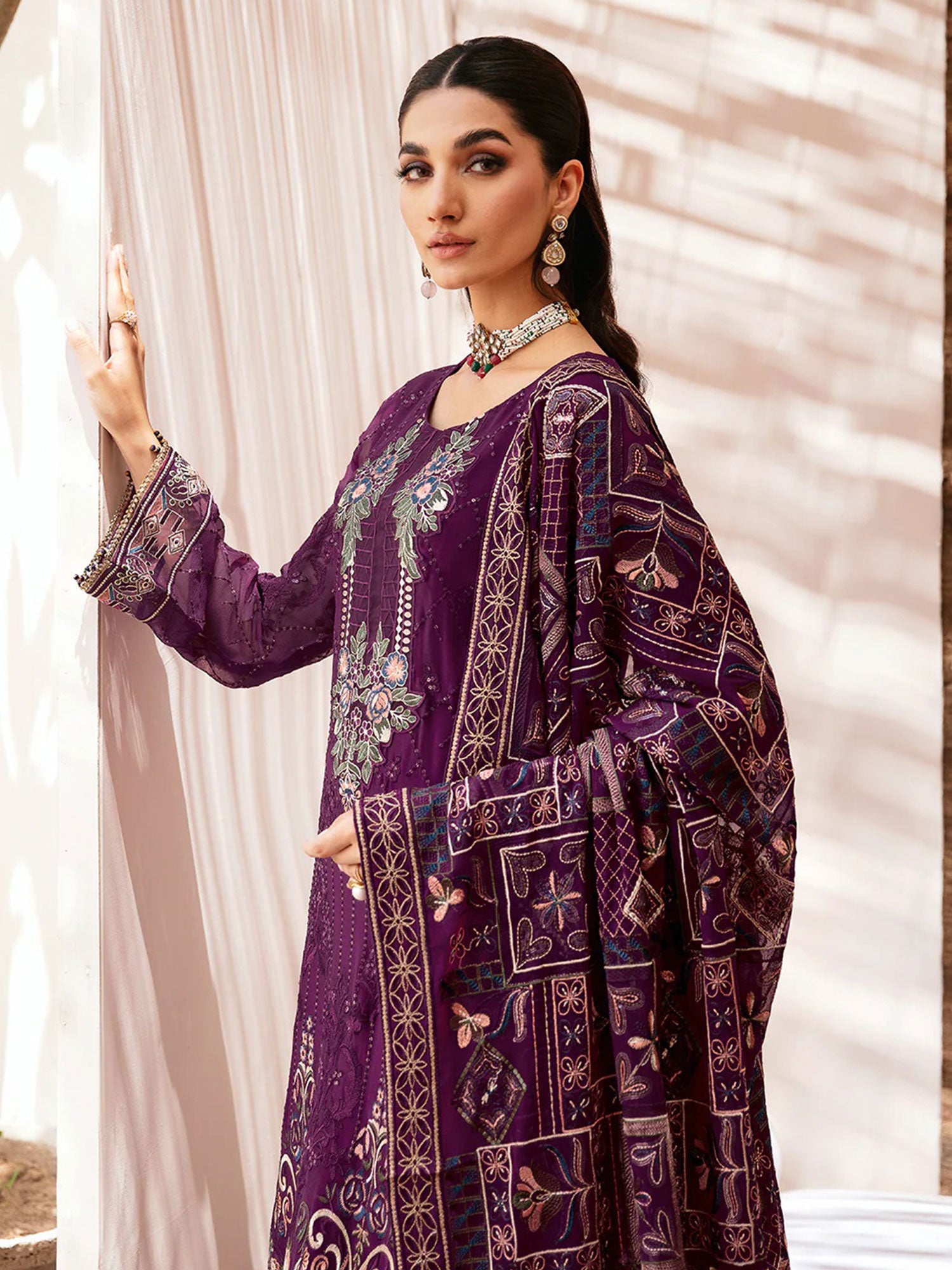 Ramsha "Kashish" Luxury Embroidered Chiffon Suit - Plum (K-201)