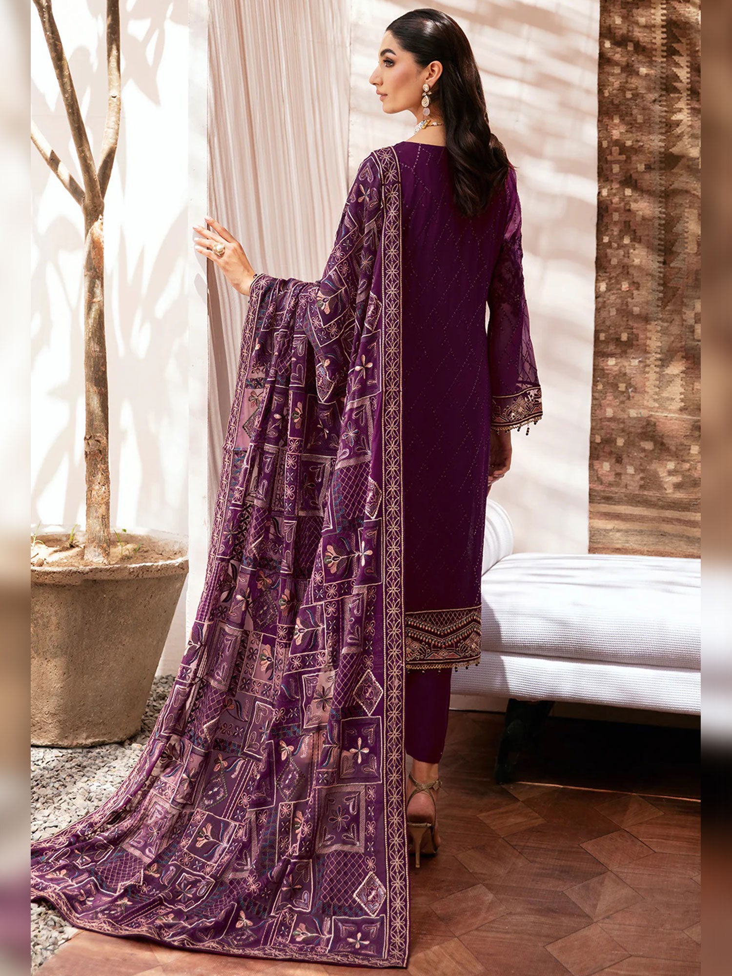 Ramsha "Kashish" Luxury Embroidered Chiffon Suit - Plum (K-201)