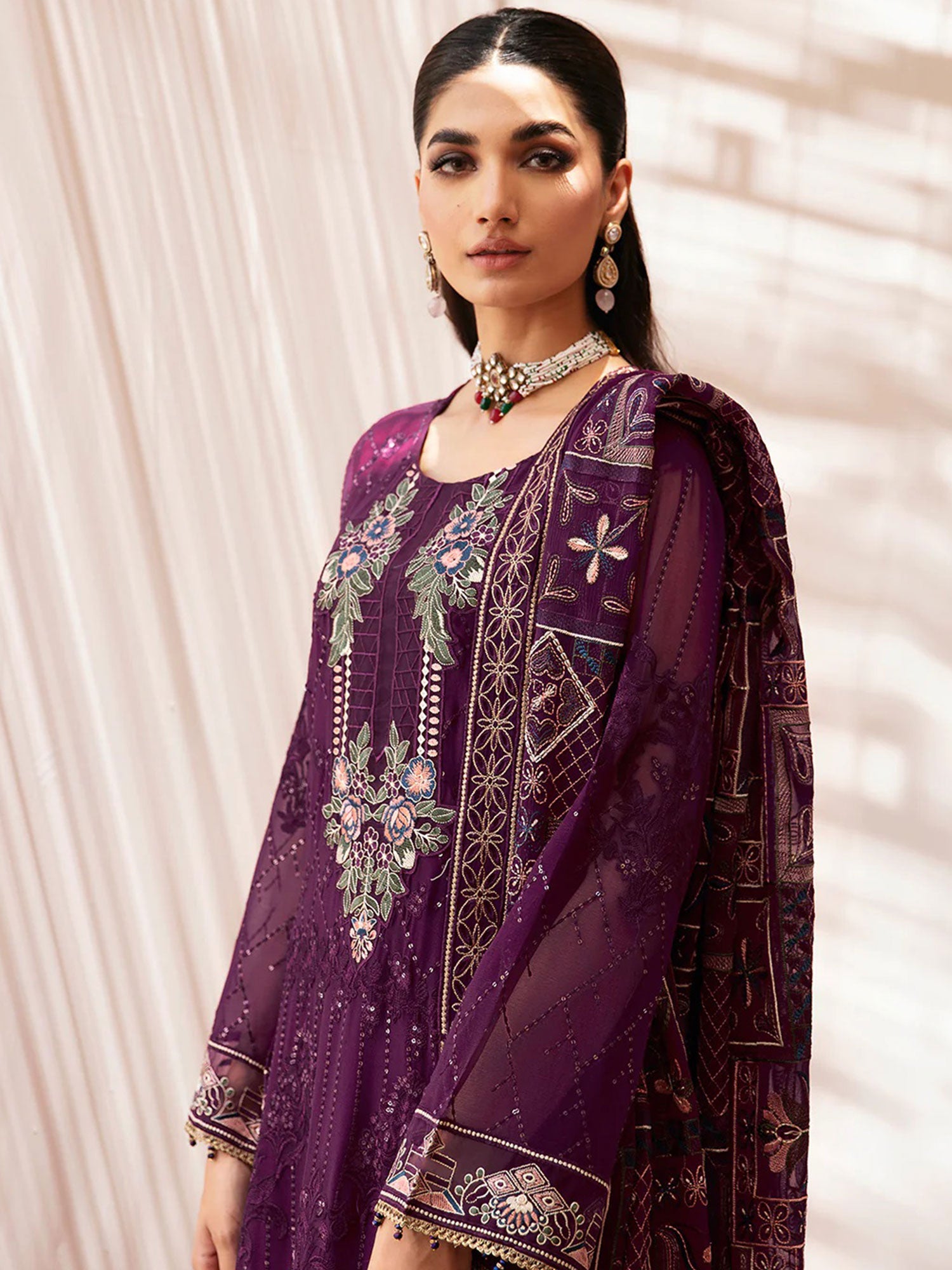 Ramsha "Kashish" Luxury Embroidered Chiffon Suit - Plum (K-201)
