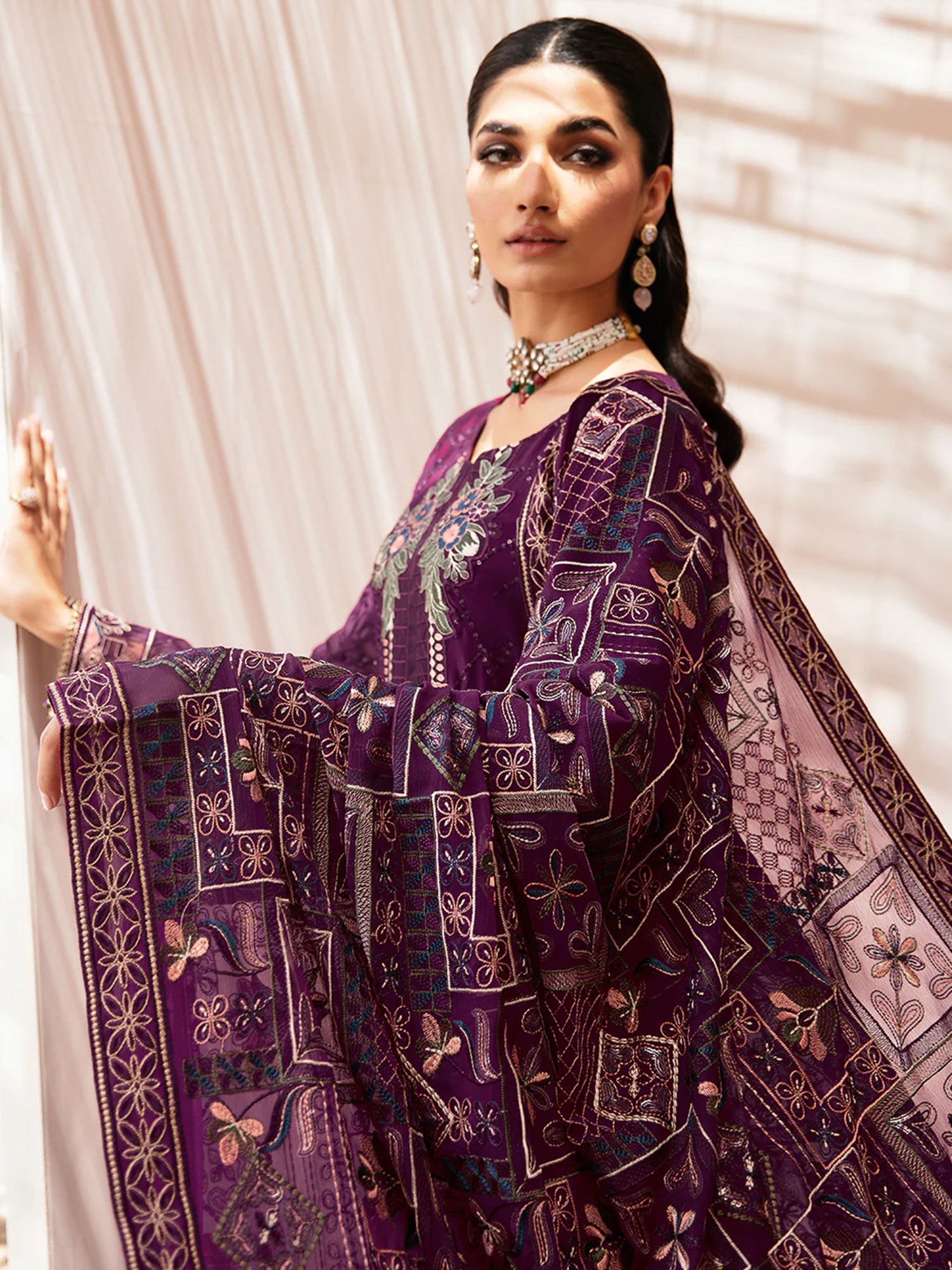 Ramsha "Kashish" Luxury Embroidered Chiffon Suit - Plum (K-201)