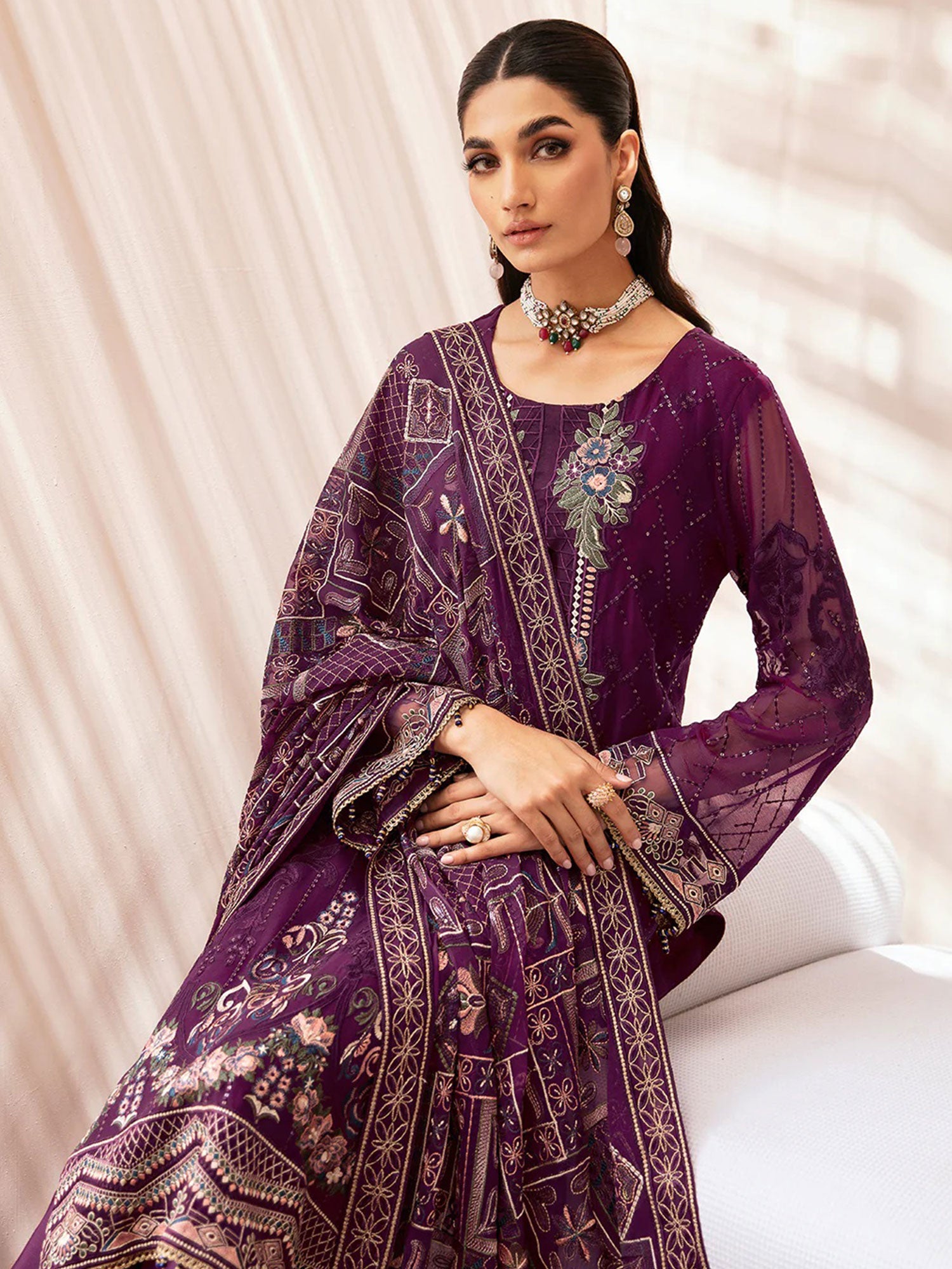 Ramsha "Kashish" Luxury Embroidered Chiffon Suit - Plum (K-201)