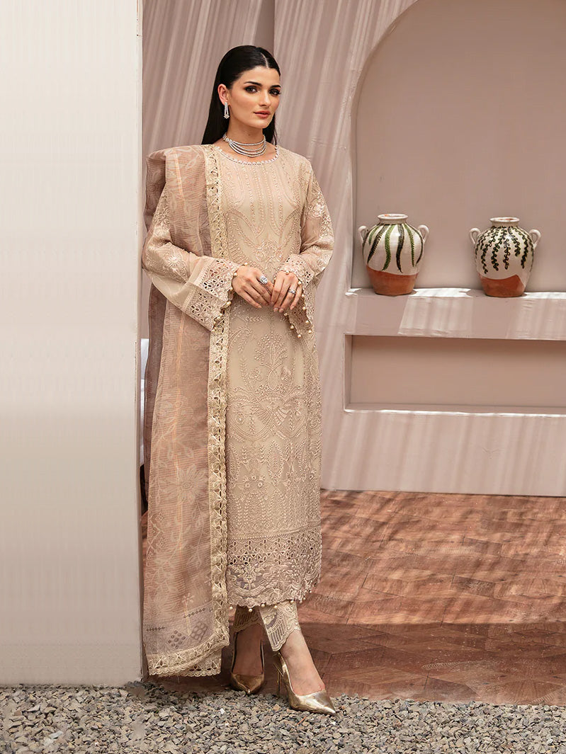 Ramsha "Kashish" Luxury Embroidered Chiffon Suit - Tan (K-202)