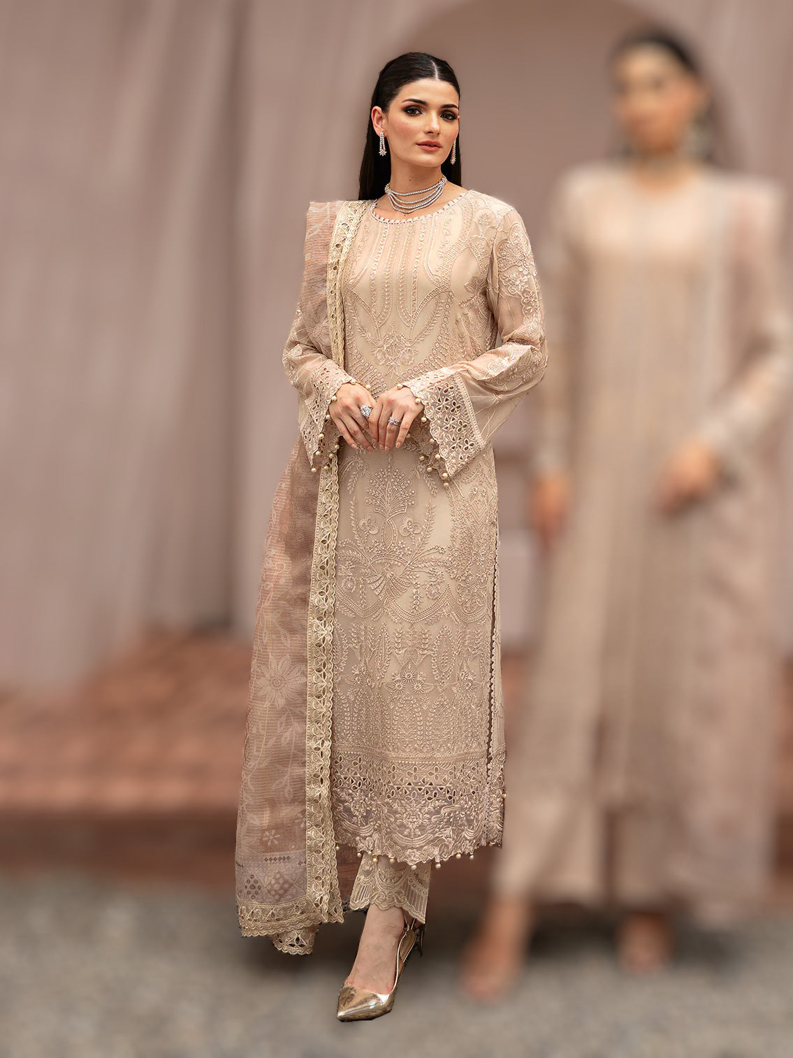 Ramsha "Kashish" Luxury Embroidered Chiffon Suit - Tan (K-202)