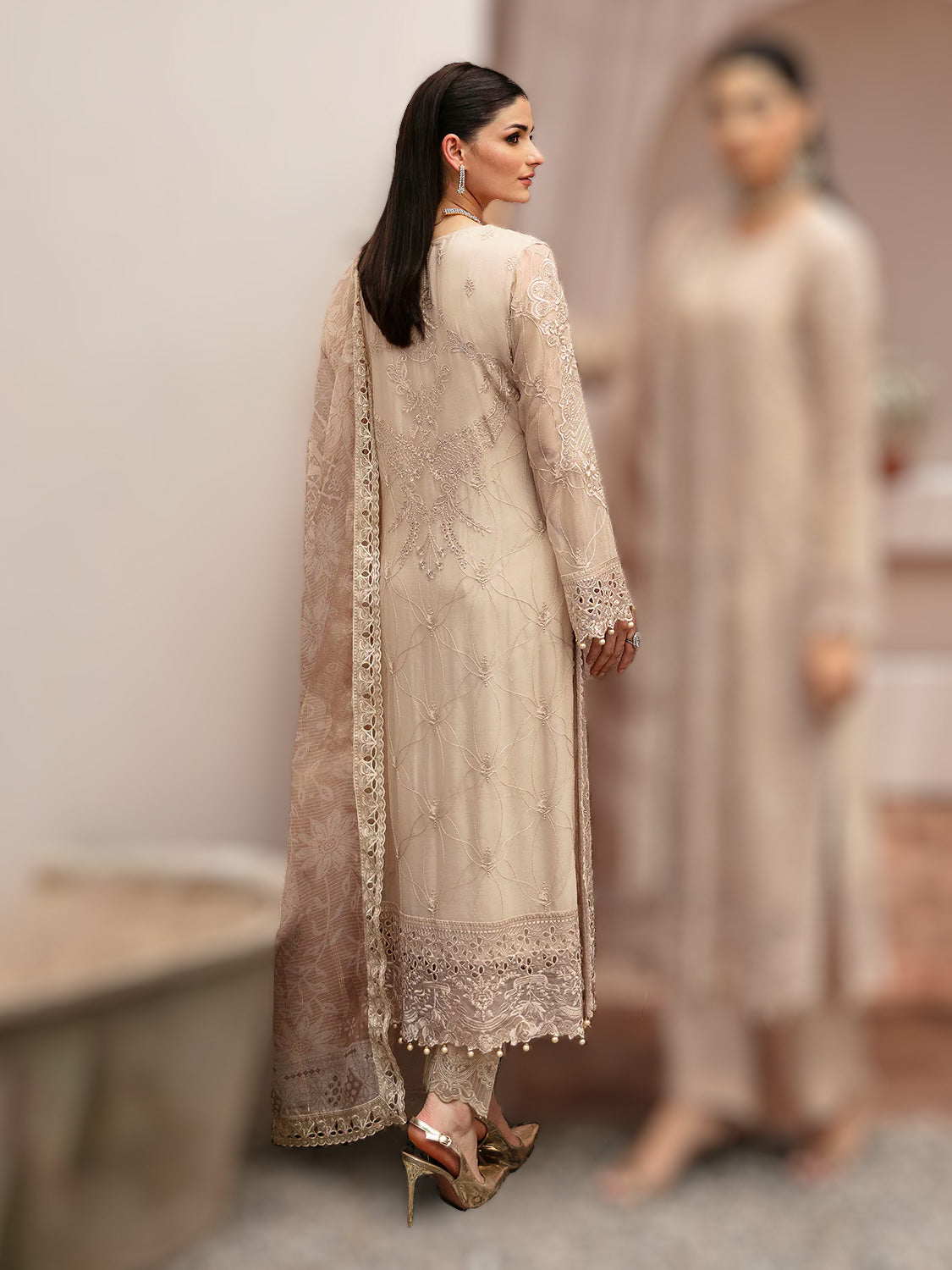 Ramsha "Kashish" Luxury Embroidered Chiffon Suit - Tan (K-202)