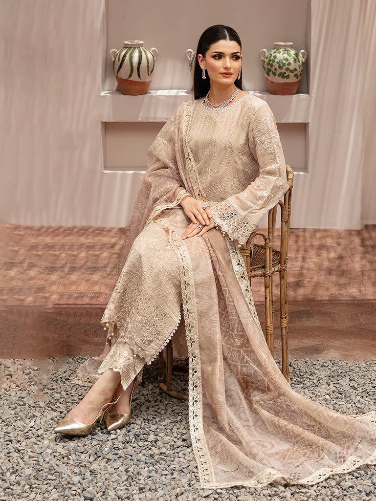 Ramsha "Kashish" Luxury Embroidered Chiffon Suit - Tan (K-202)
