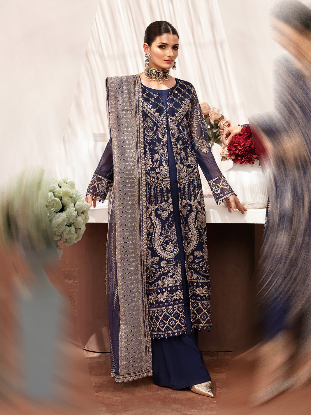 Ramsha "Kashish" Luxury Embroidered Chiffon Suit - Navy (K-203)