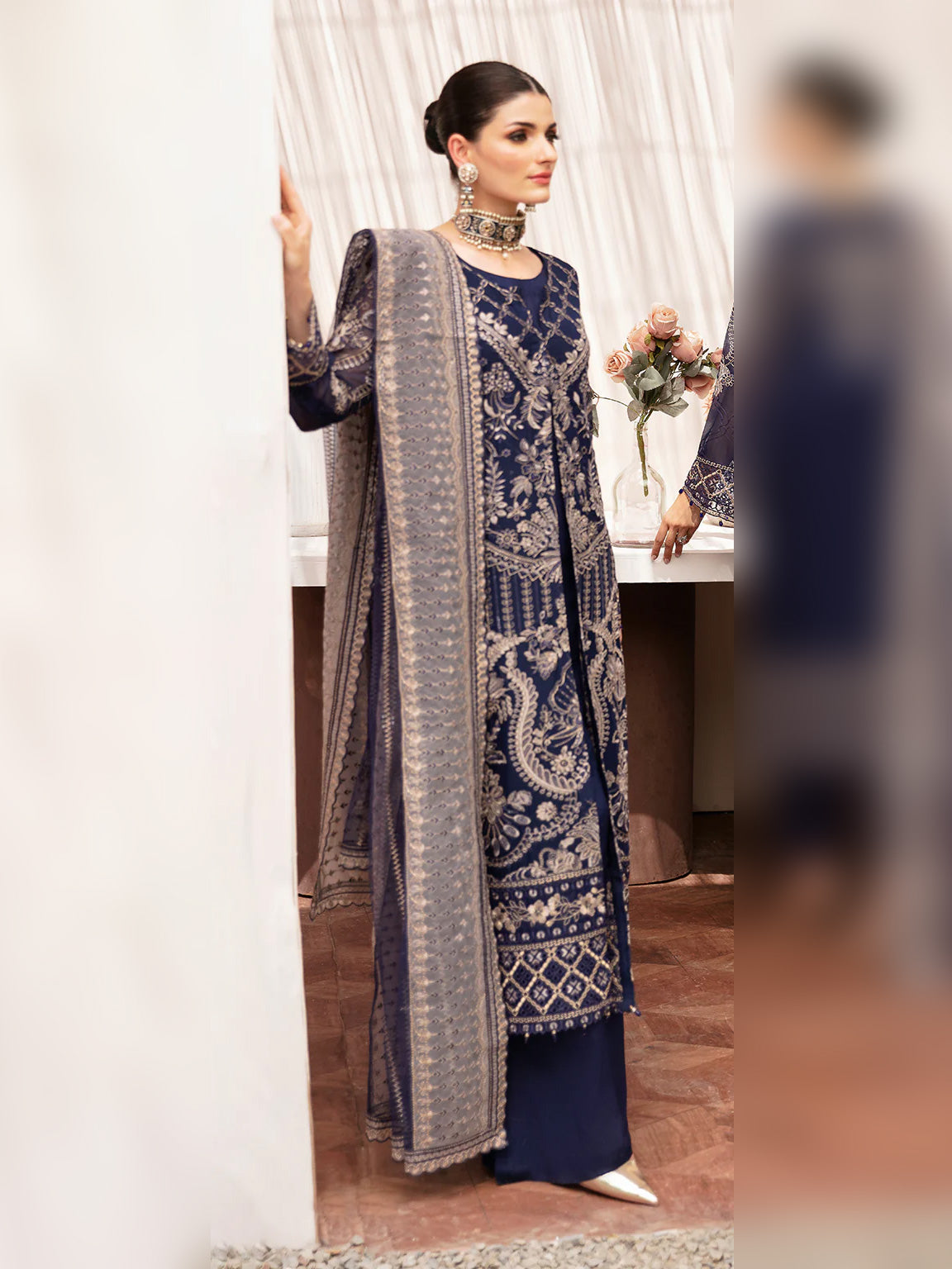 Ramsha "Kashish" Luxury Embroidered Chiffon Suit - Navy (K-203)
