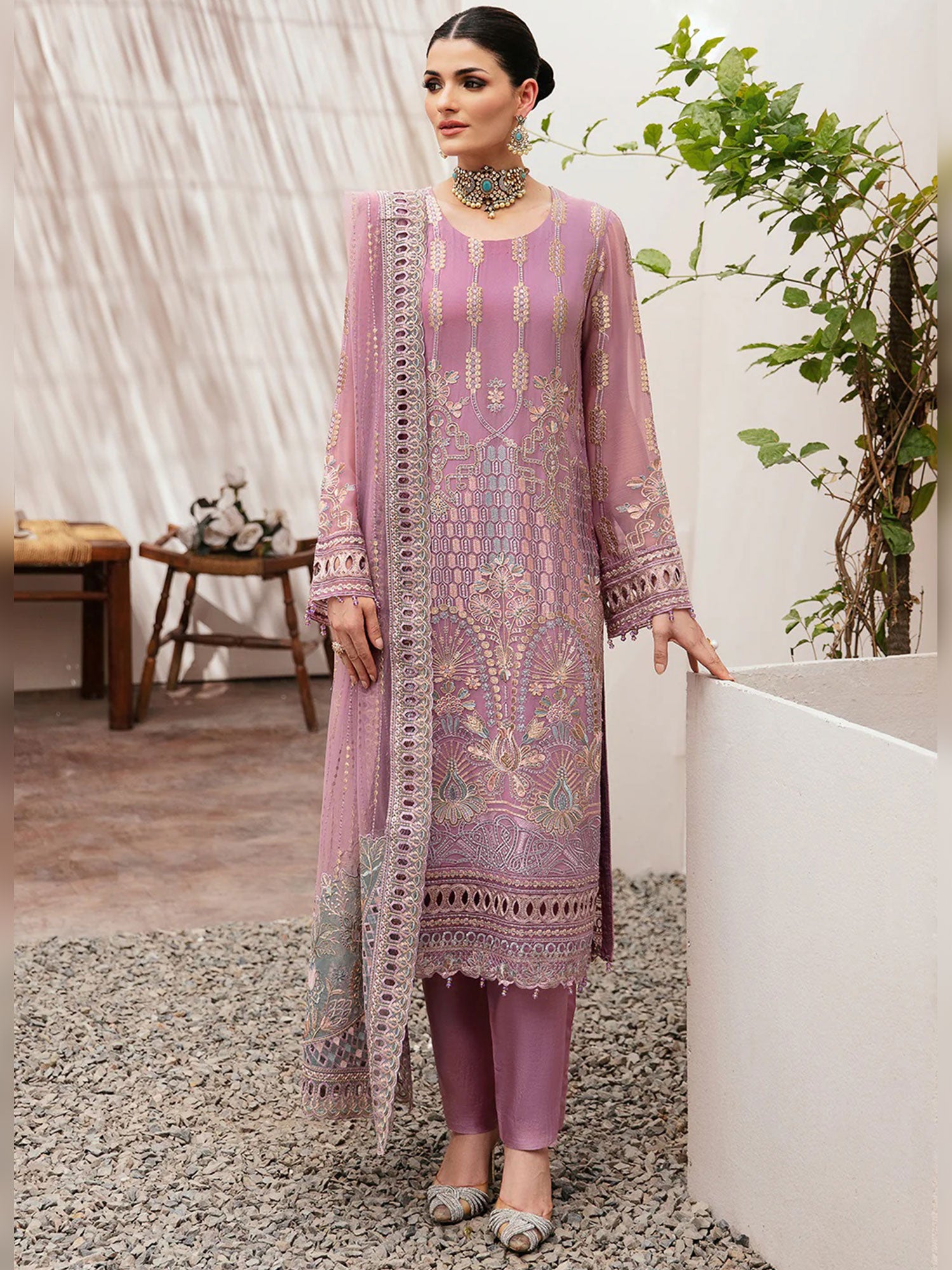 Ramsha "Kashish" Luxury Embroidered Chiffon Suit - Pink (K-204)