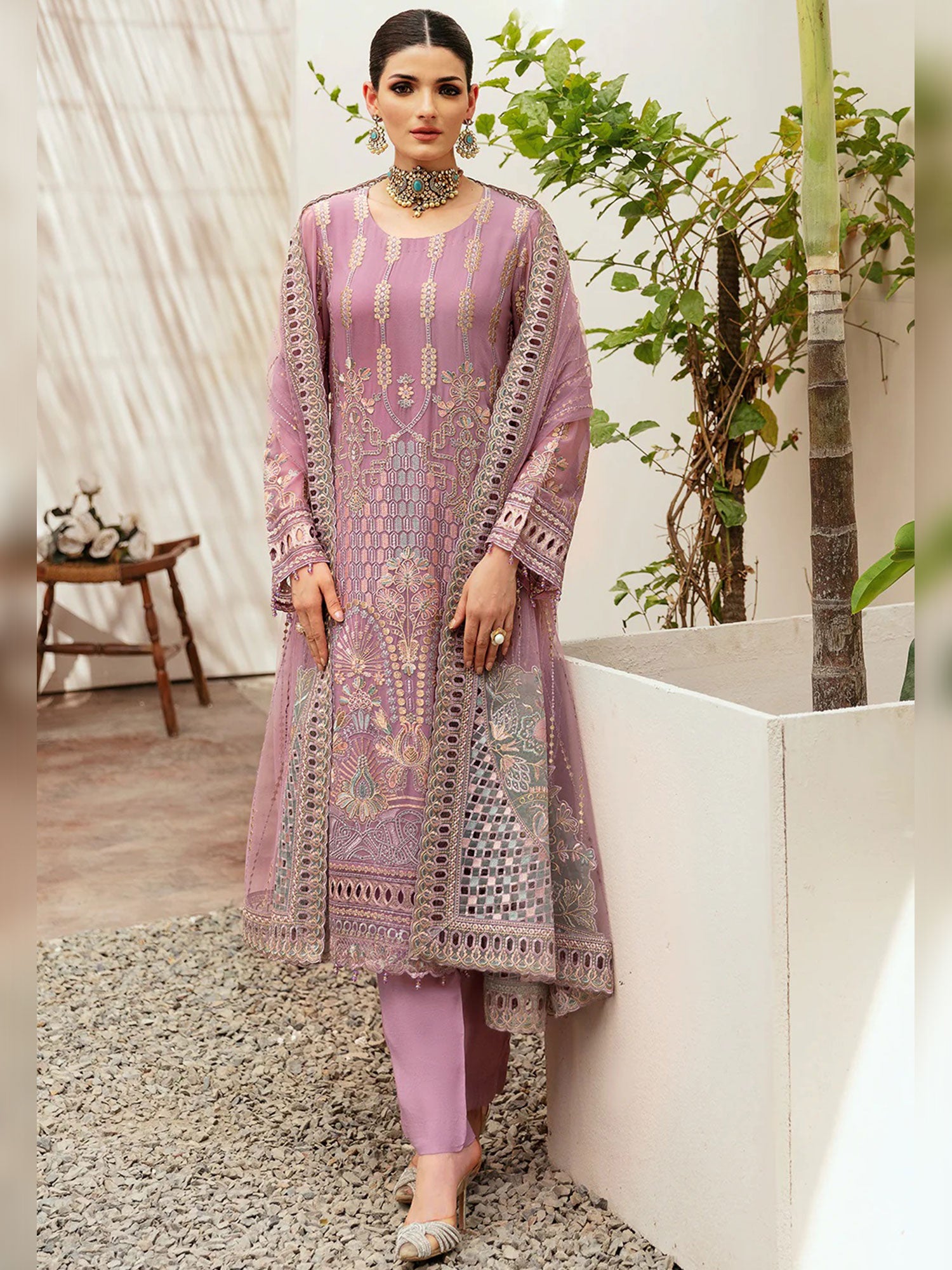 Ramsha "Kashish" Luxury Embroidered Chiffon Suit - Pink (K-204)