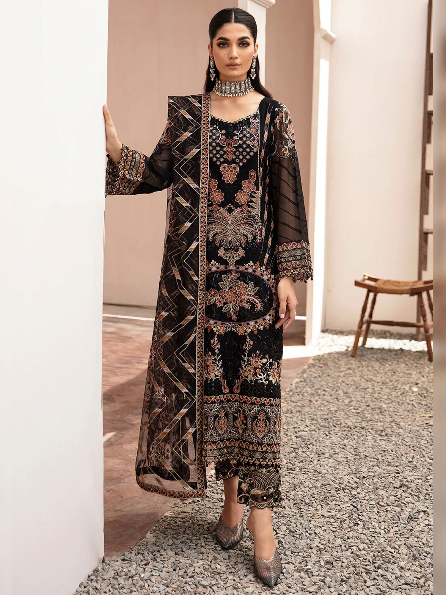Ramsha "Kashish" Luxury Embroidered Chiffon Suit - Black (K-205)