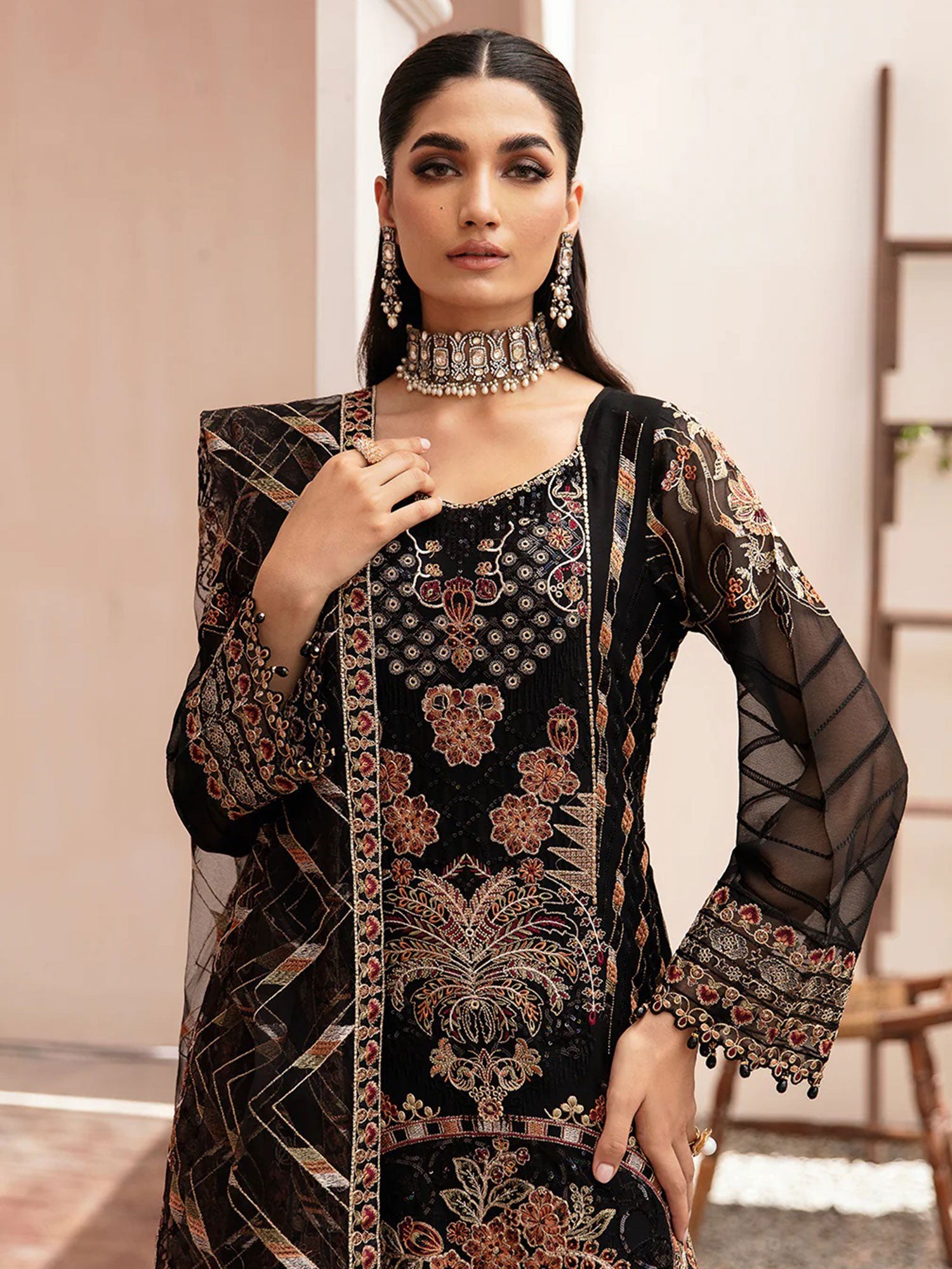 Ramsha "Kashish" Luxury Embroidered Chiffon Suit - Black (K-205)