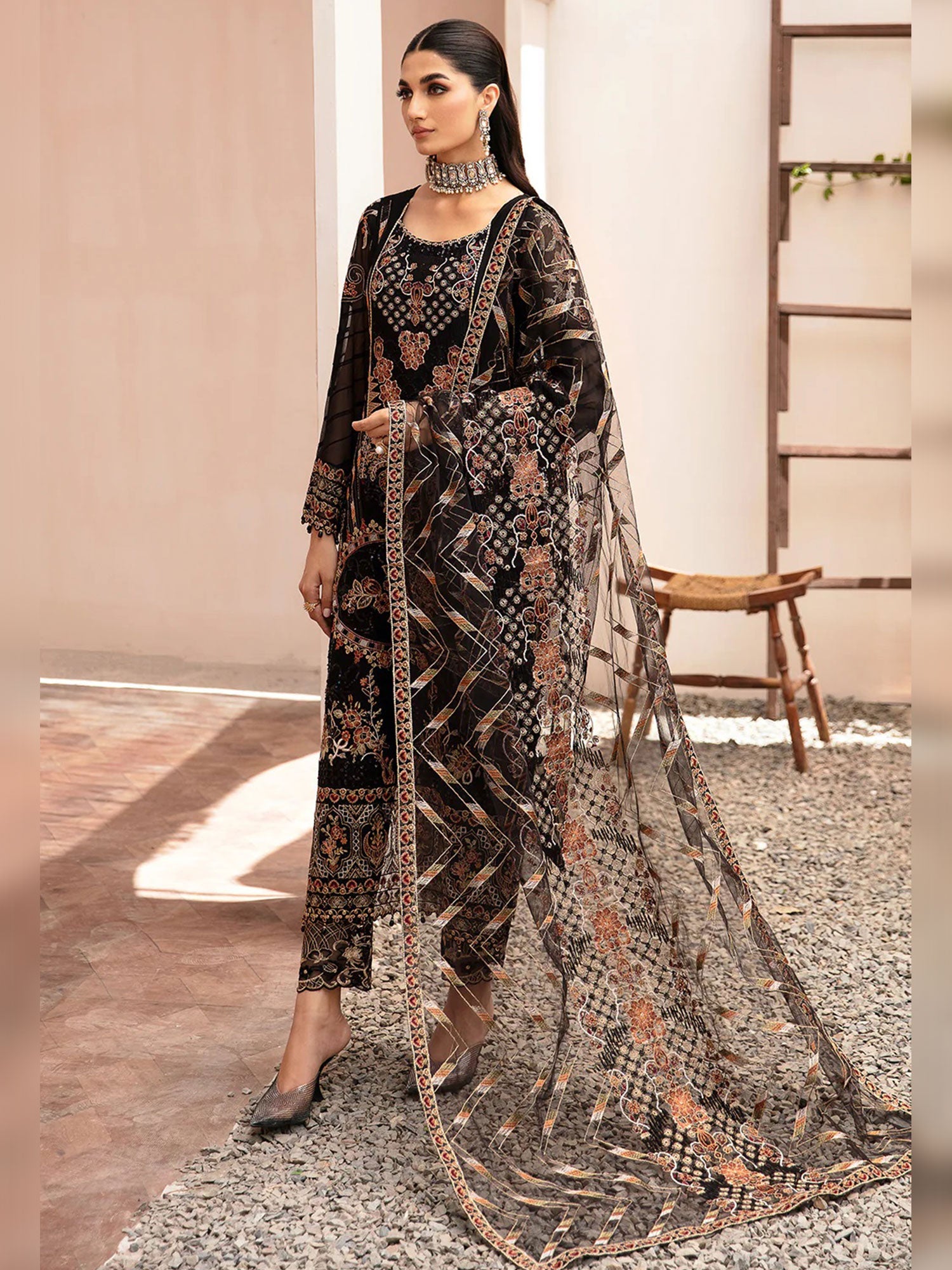 Ramsha "Kashish" Luxury Embroidered Chiffon Suit - Black (K-205)