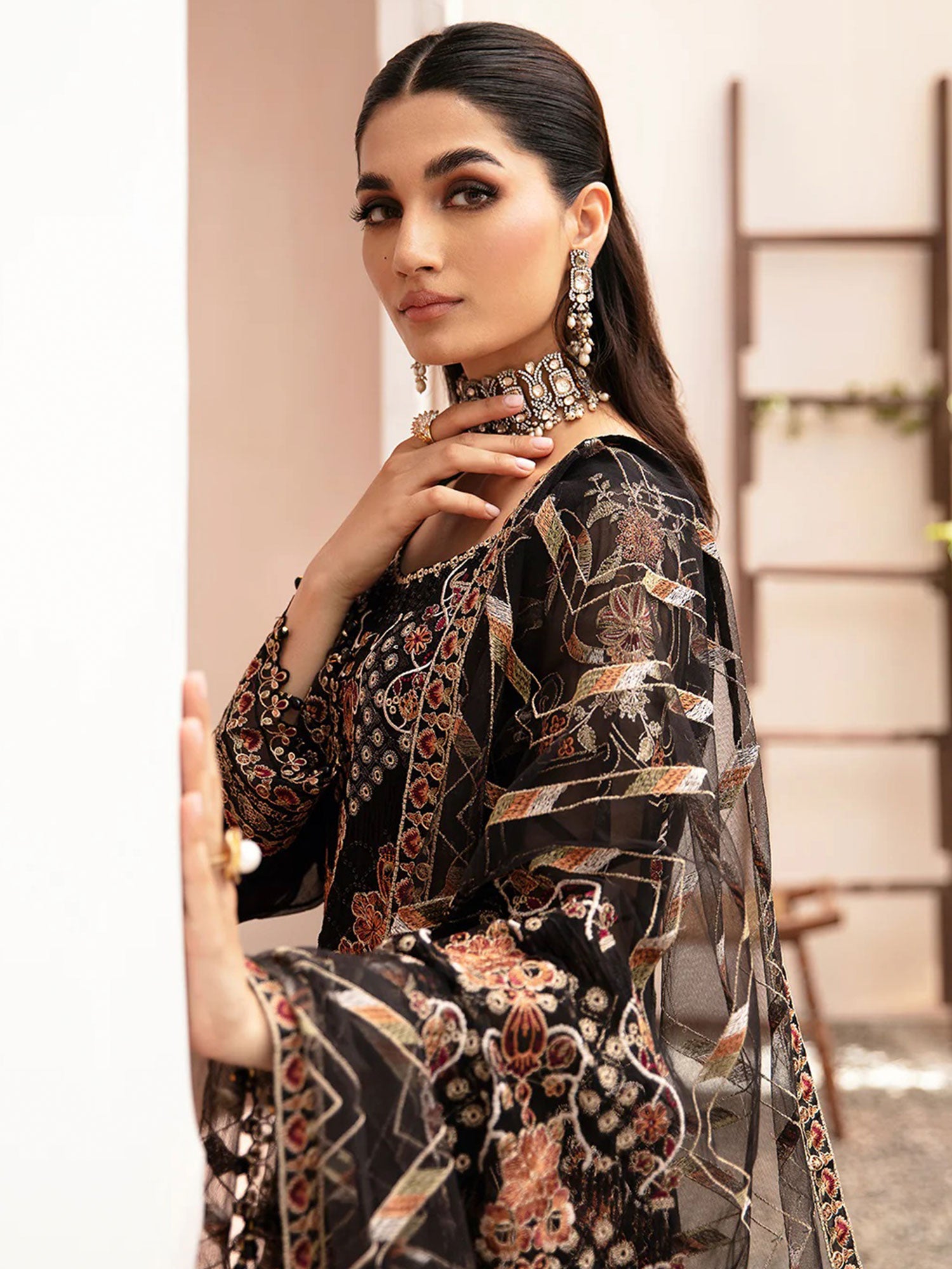 Ramsha "Kashish" Luxury Embroidered Chiffon Suit - Black (K-205)