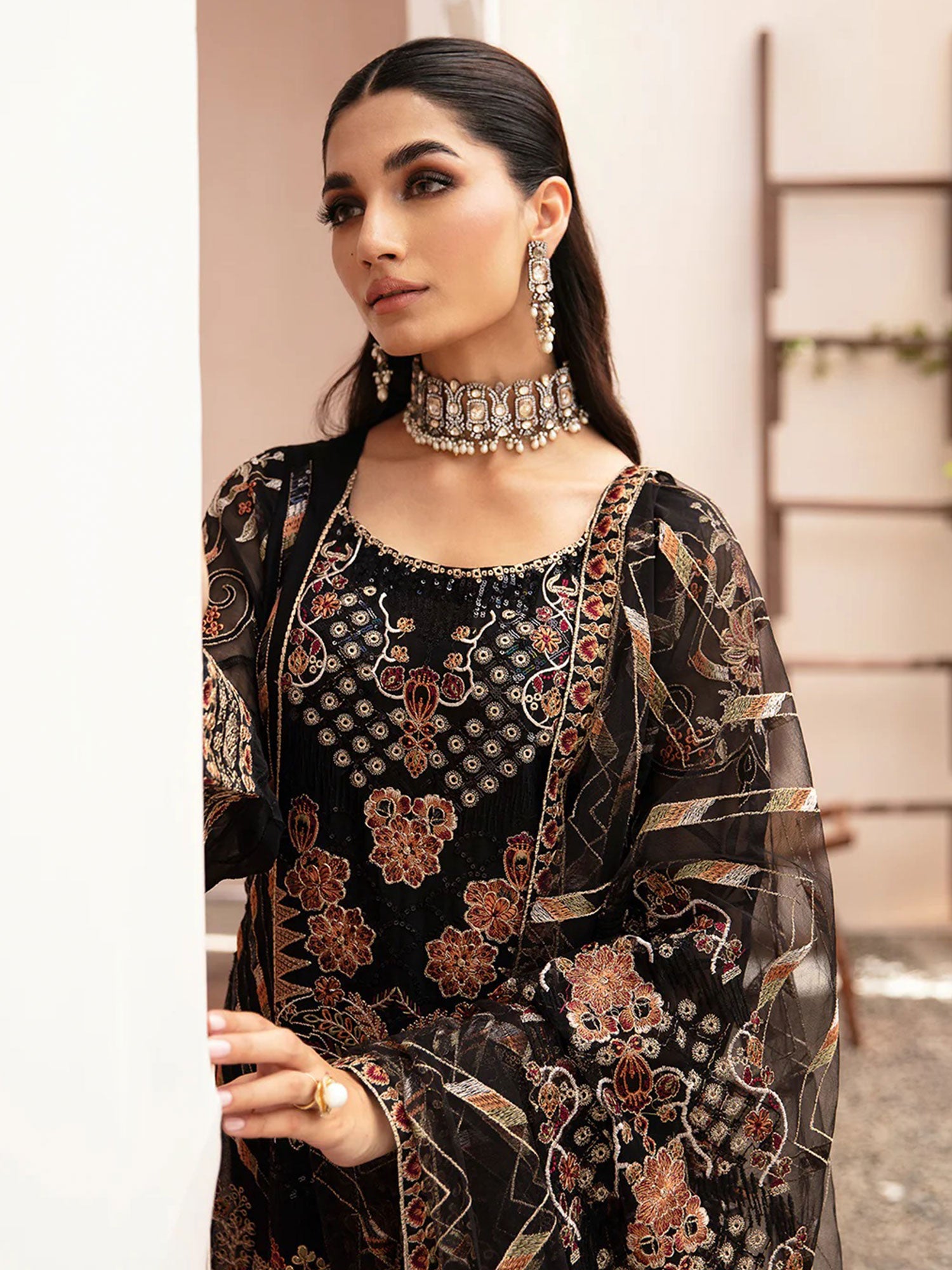 Ramsha "Kashish" Luxury Embroidered Chiffon Suit - Black (K-205)