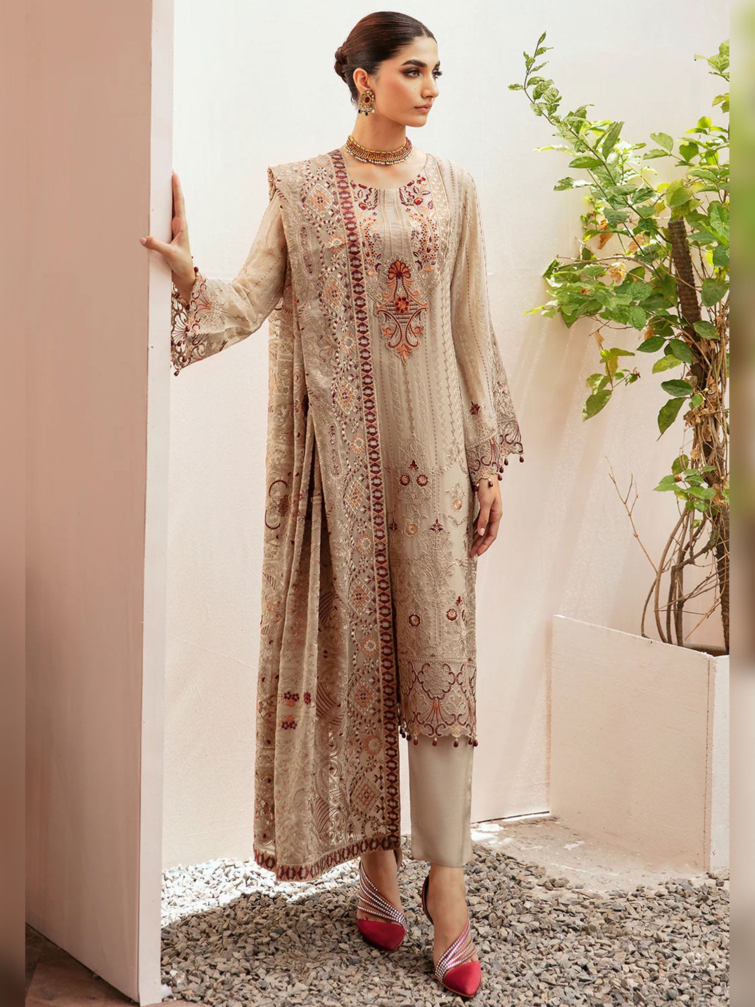 Ramsha "Kashish" Luxury Embroidered Chiffon Suit - Beige (K-206)