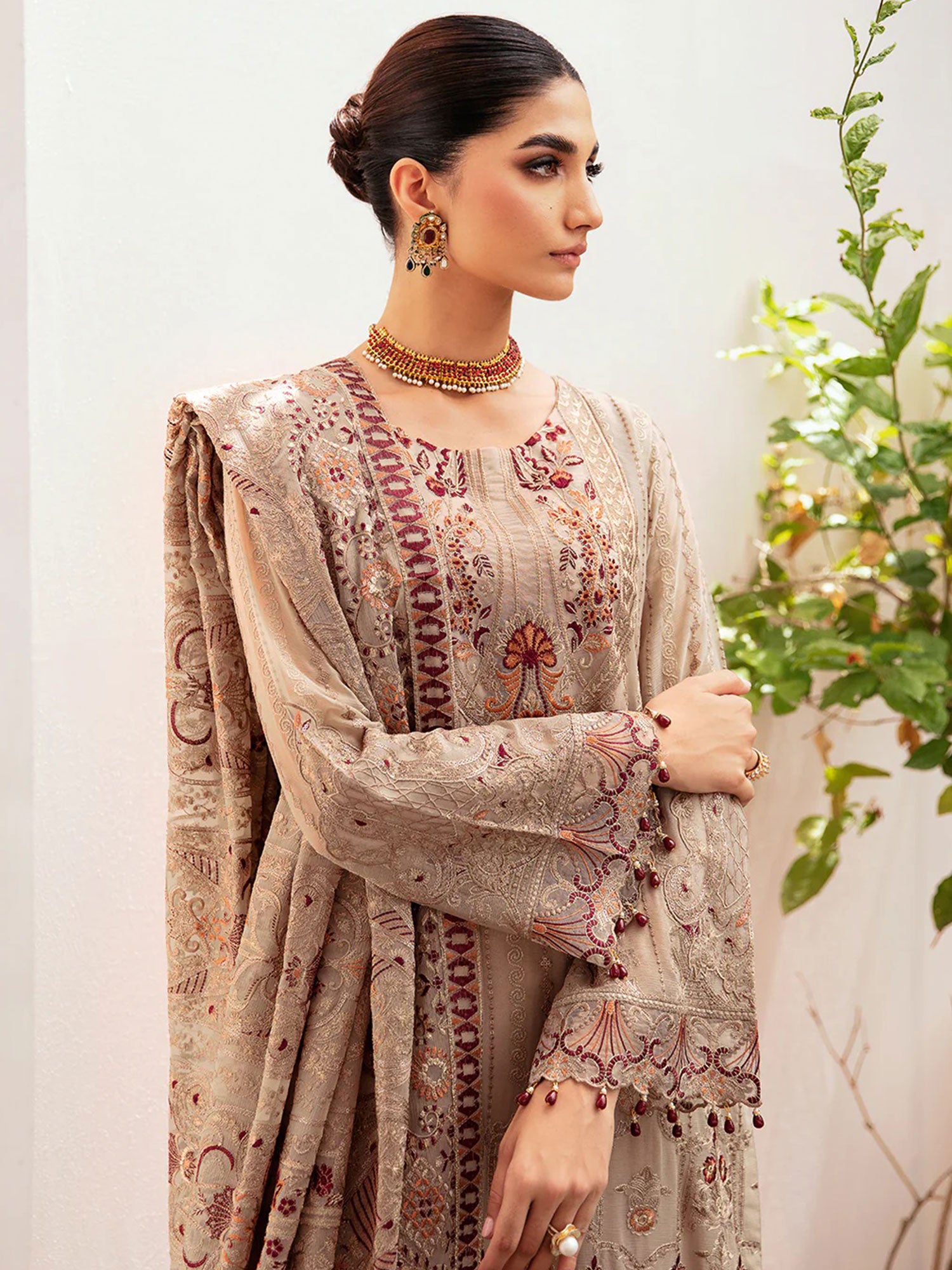 Ramsha "Kashish" Luxury Embroidered Chiffon Suit - Beige (K-206)