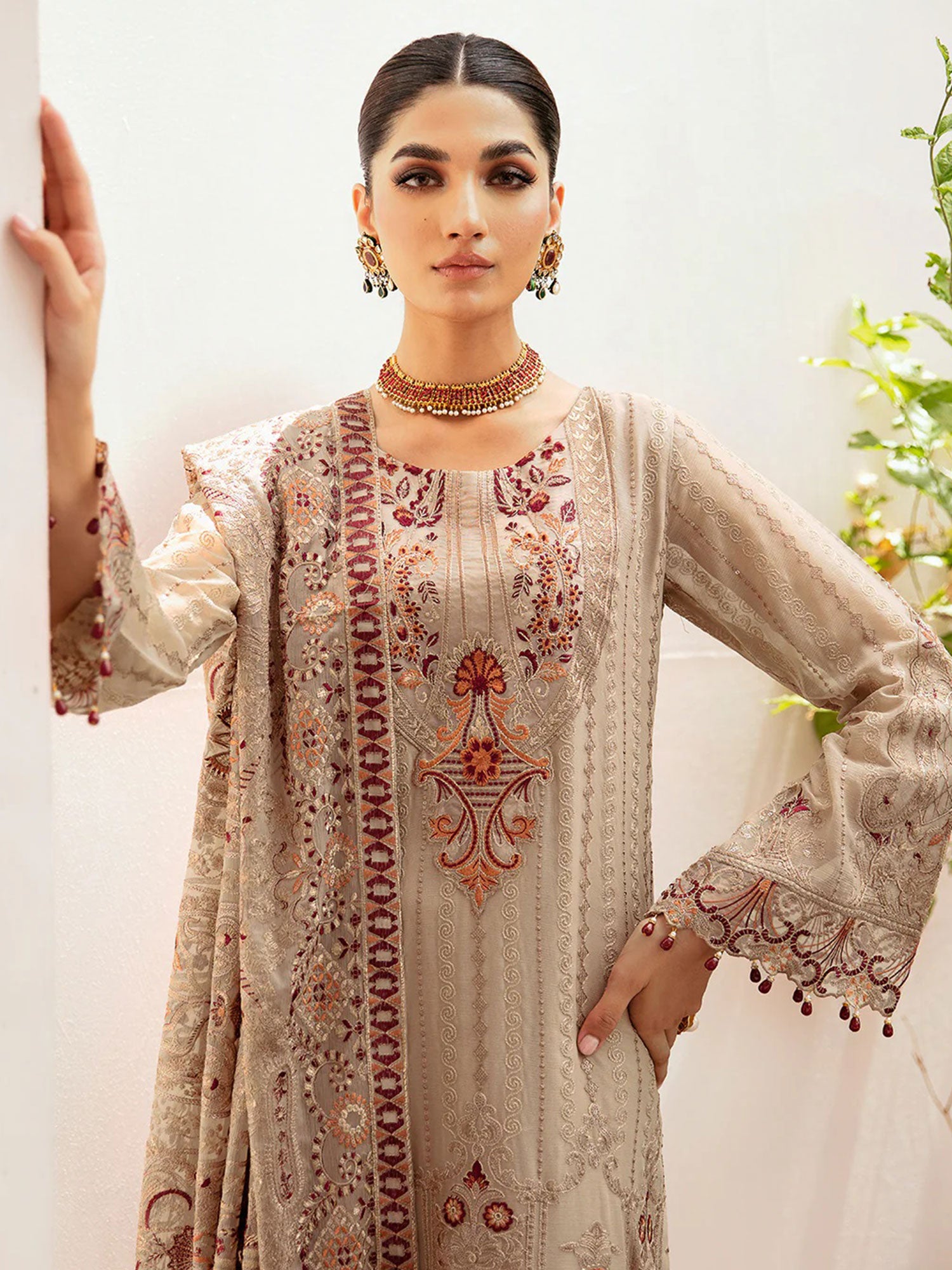 Ramsha "Kashish" Luxury Embroidered Chiffon Suit - Beige (K-206)