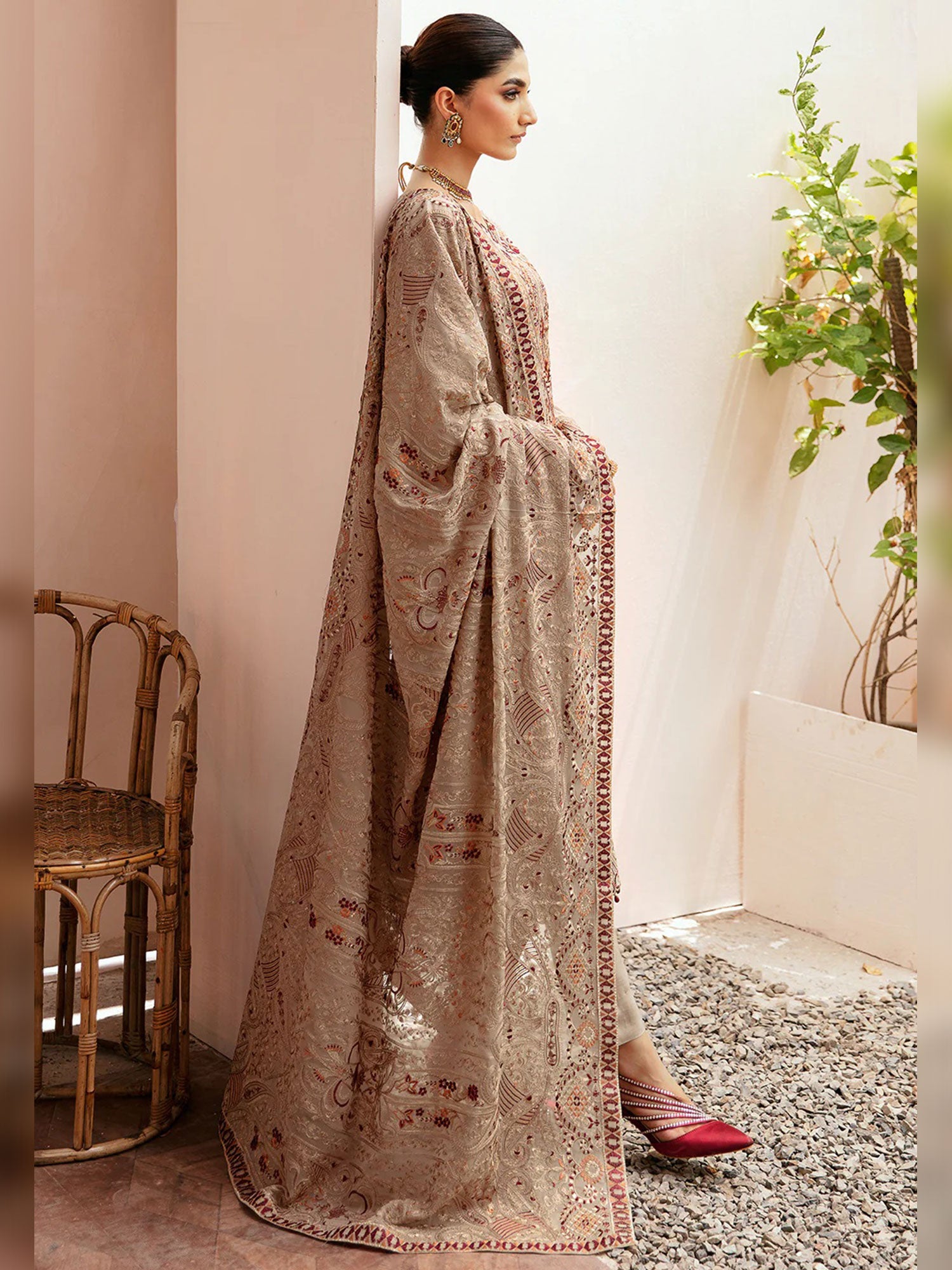 Ramsha "Kashish" Luxury Embroidered Chiffon Suit - Beige (K-206)