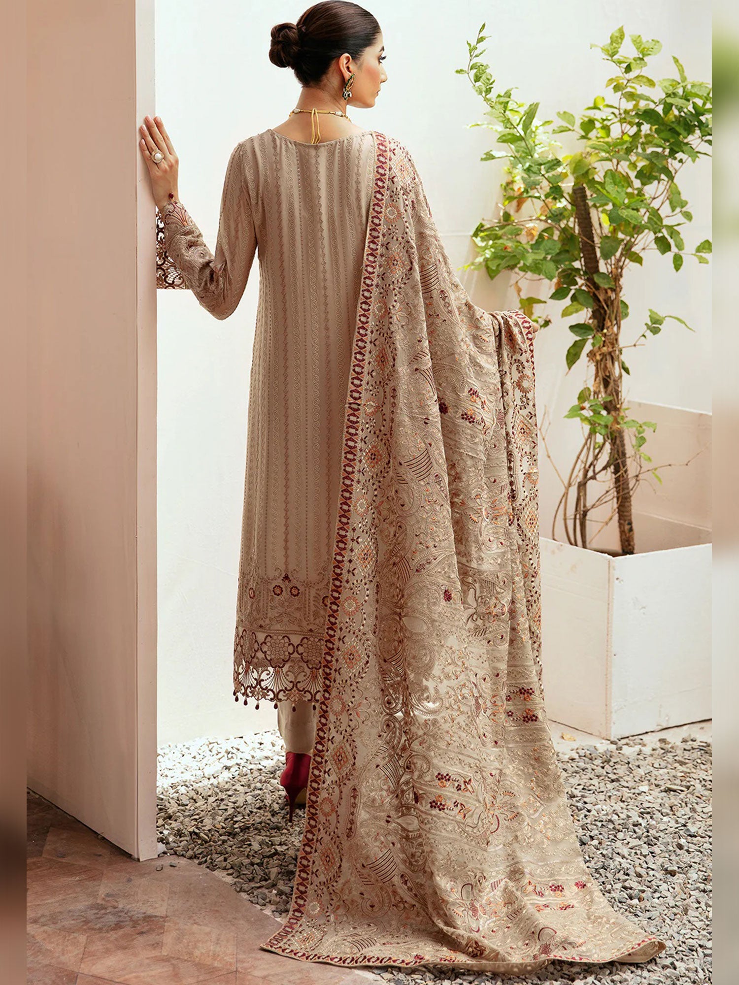 Ramsha "Kashish" Luxury Embroidered Chiffon Suit - Beige (K-206)