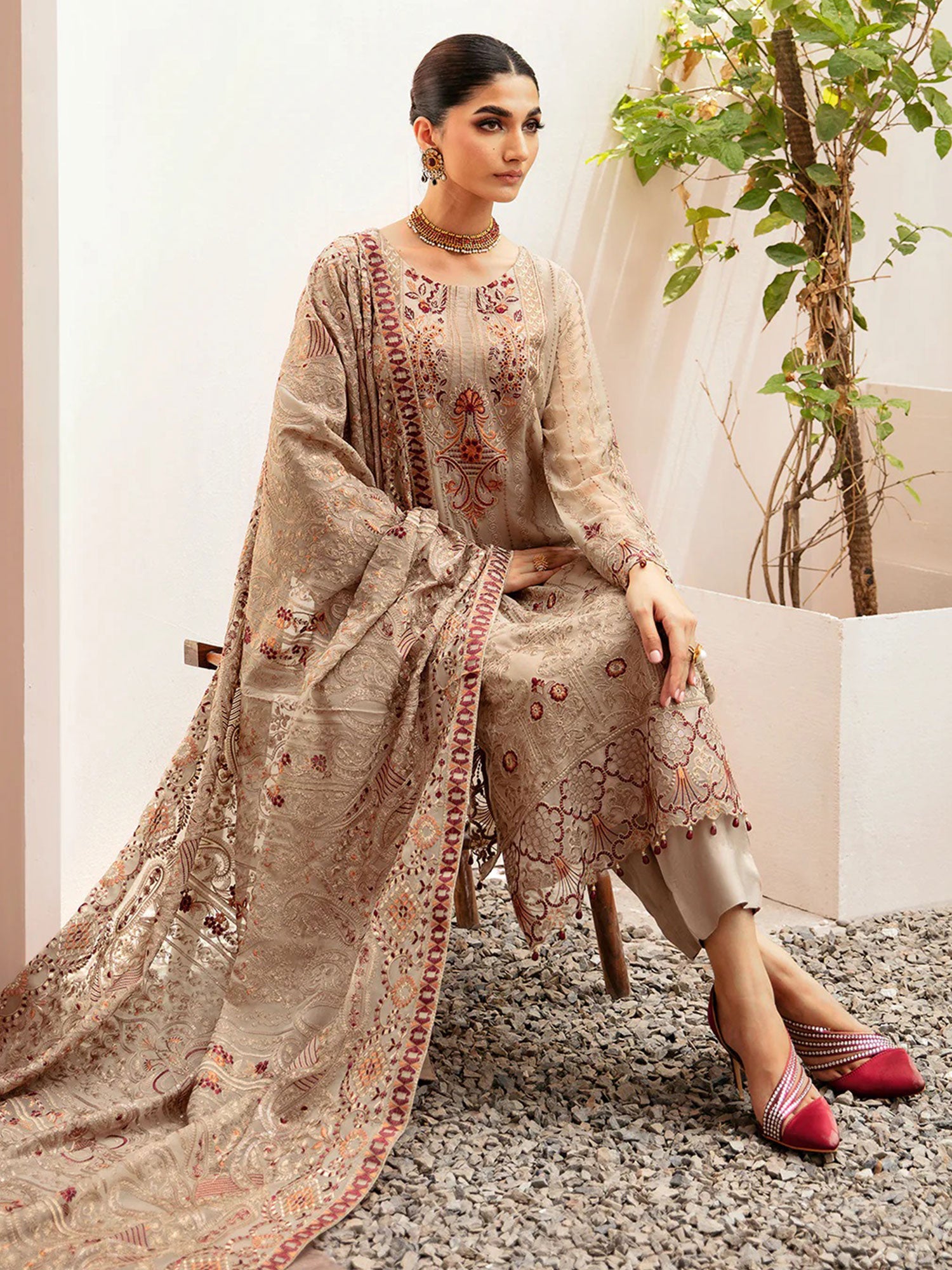 Ramsha "Kashish" Luxury Embroidered Chiffon Suit - Beige (K-206)