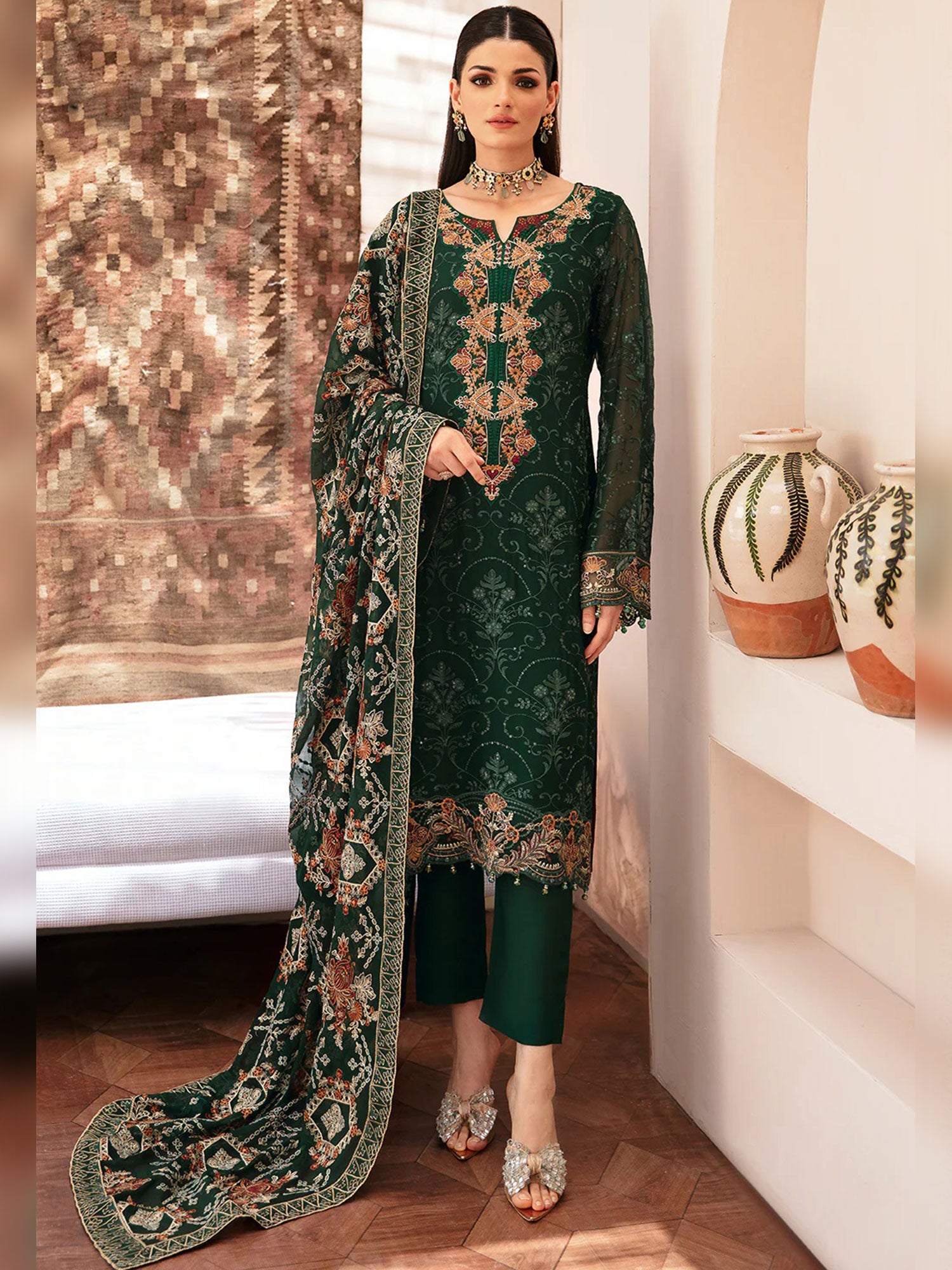 Ramsha "Kashish" Luxury Embroidered Chiffon Suit - Green (K-207)