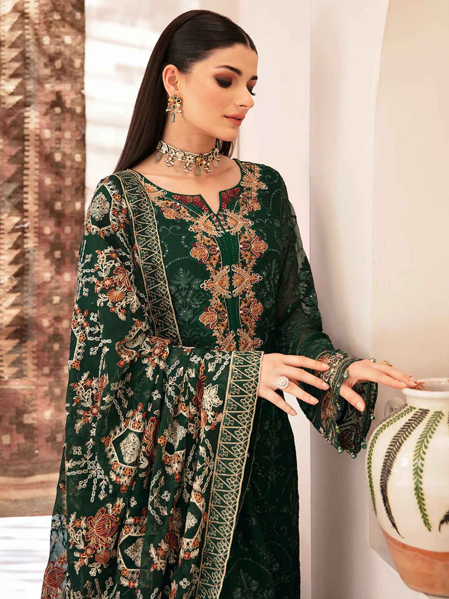 Ramsha "Kashish" Luxury Embroidered Chiffon Suit - Green (K-207)