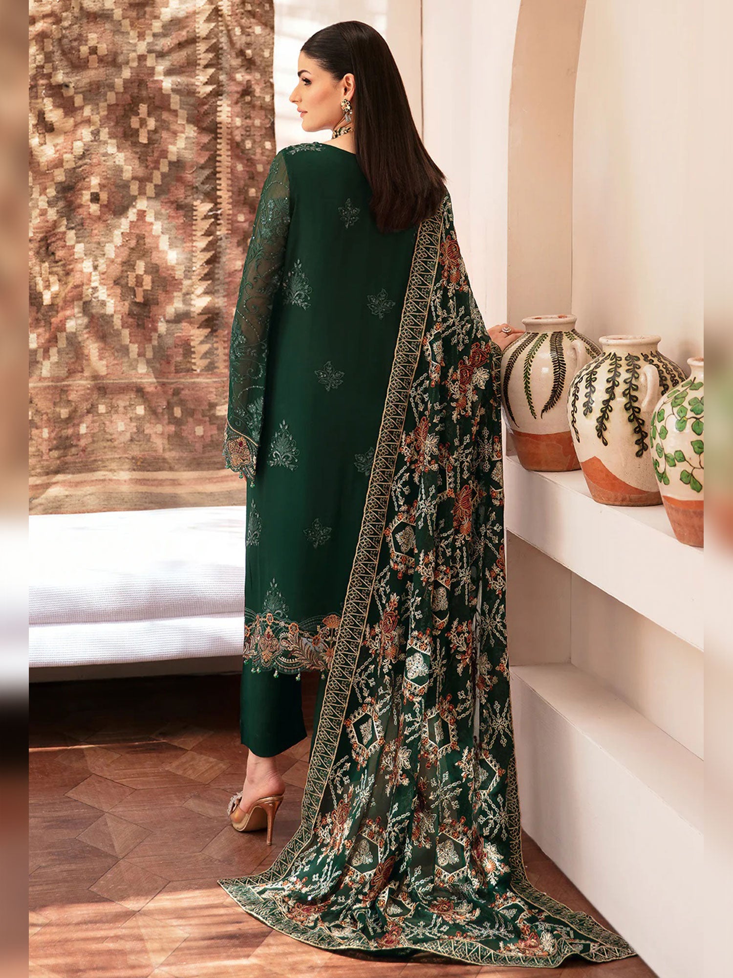 Ramsha "Kashish" Luxury Embroidered Chiffon Suit - Green (K-207)