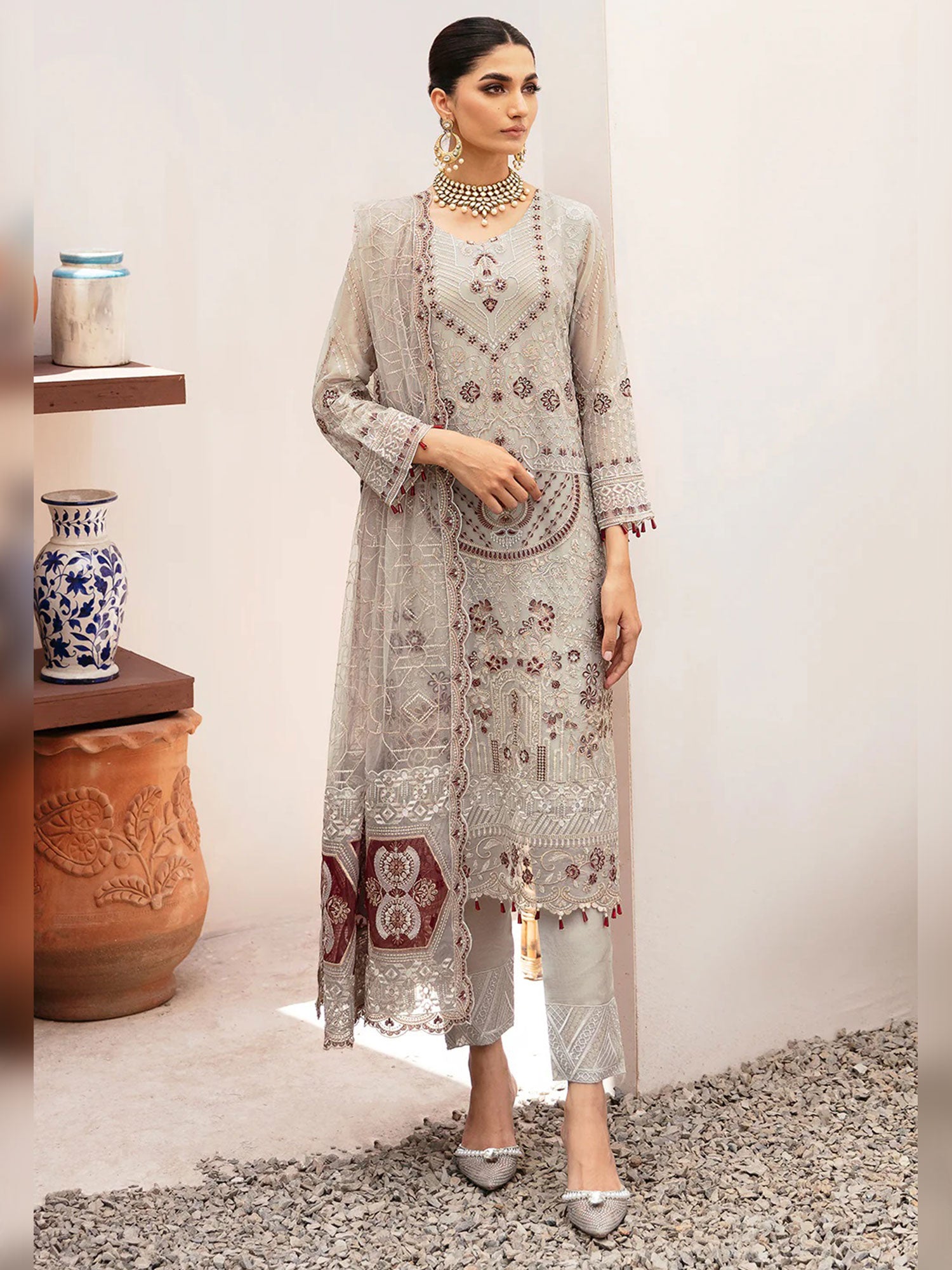 Ramsha "Kashish" Luxury Embroidered Chiffon Suit - Grey (K-208)