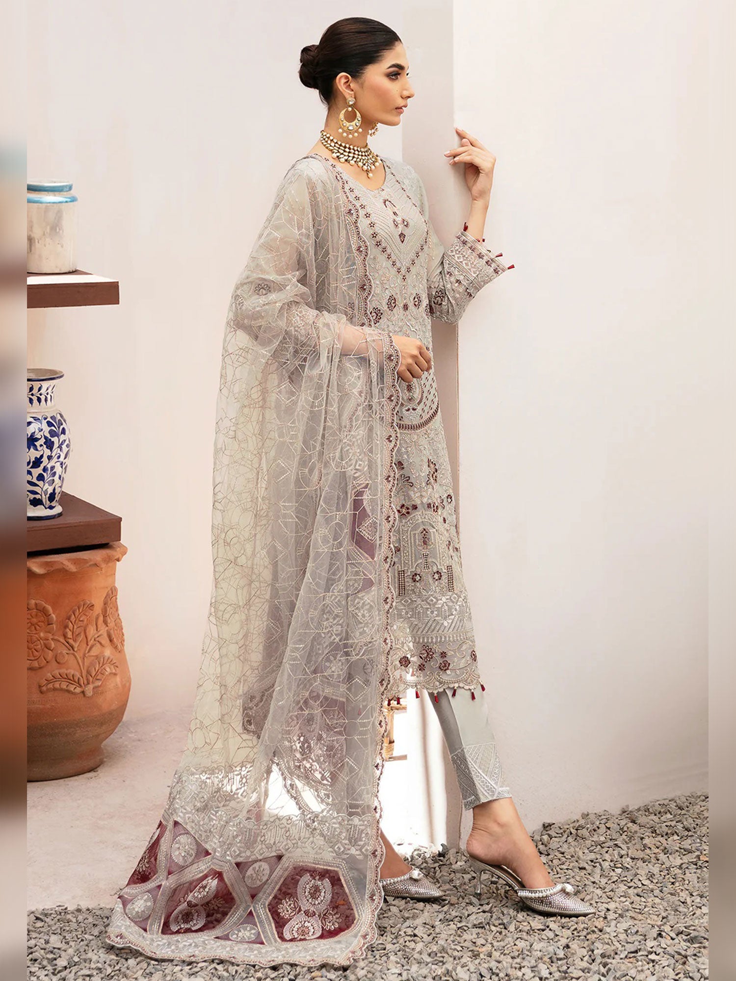 Ramsha "Kashish" Luxury Embroidered Chiffon Suit - Grey (K-208)