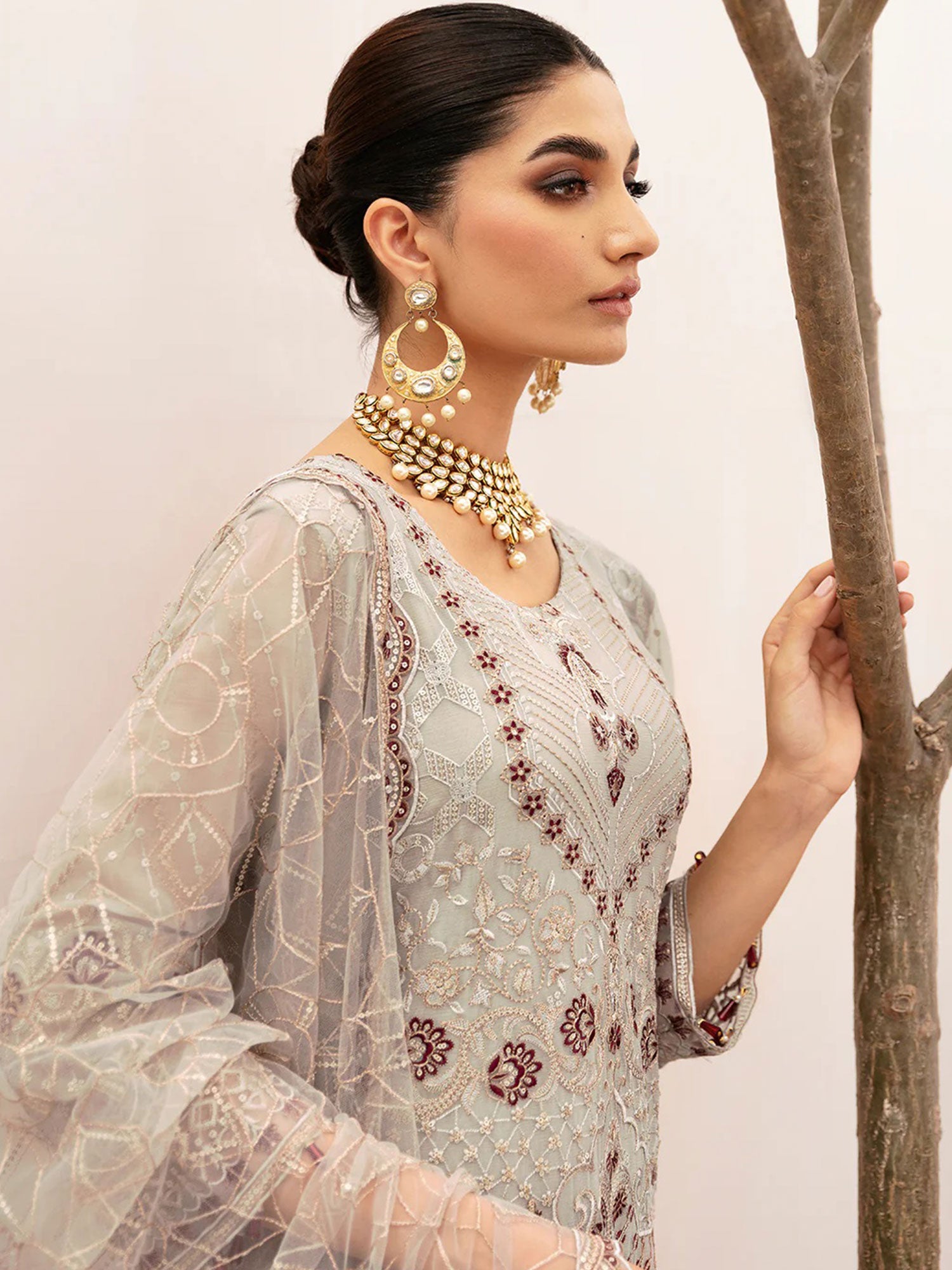 Ramsha "Kashish" Luxury Embroidered Chiffon Suit - Grey (K-208)