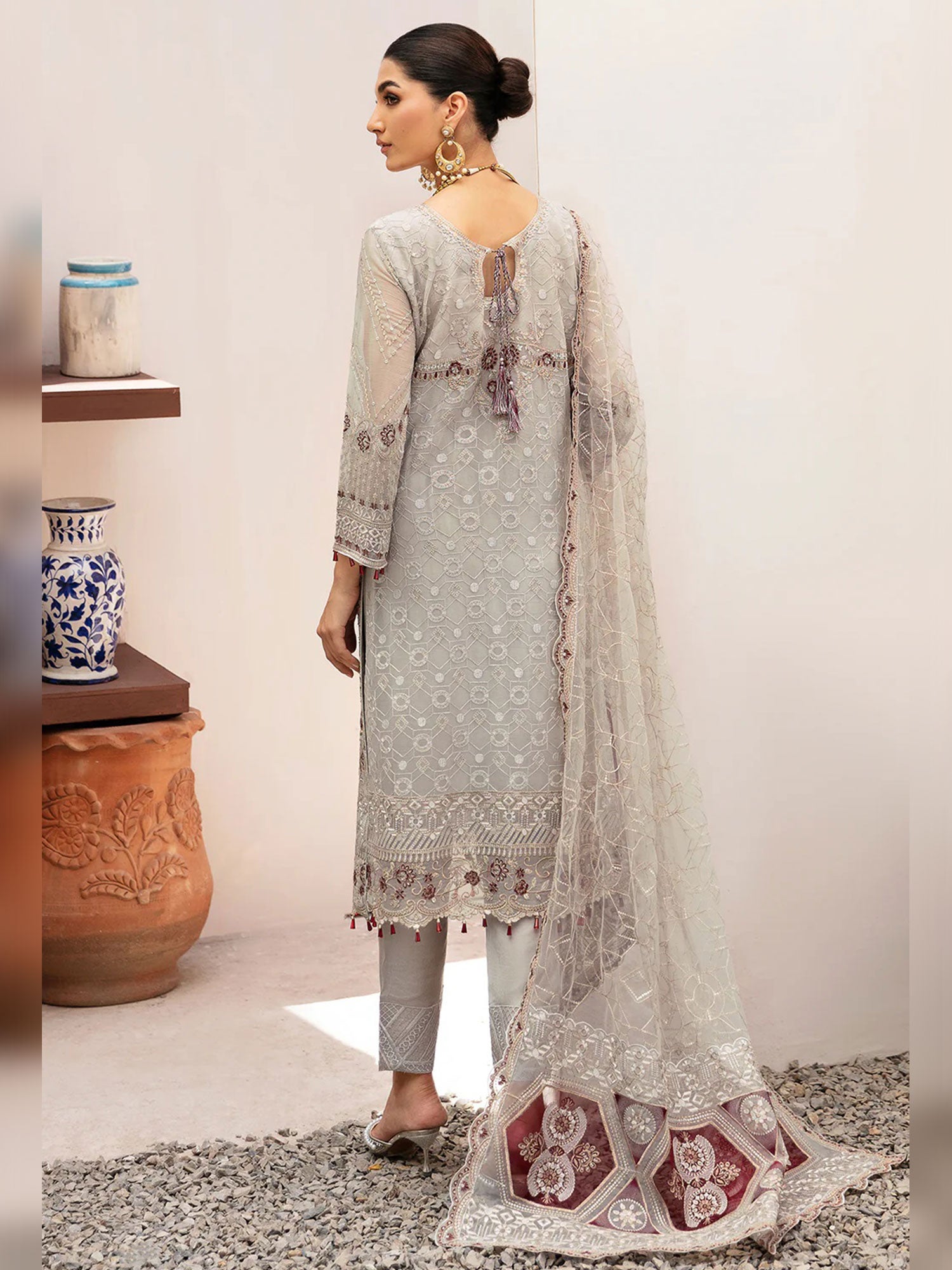 Ramsha "Kashish" Luxury Embroidered Chiffon Suit - Grey (K-208)