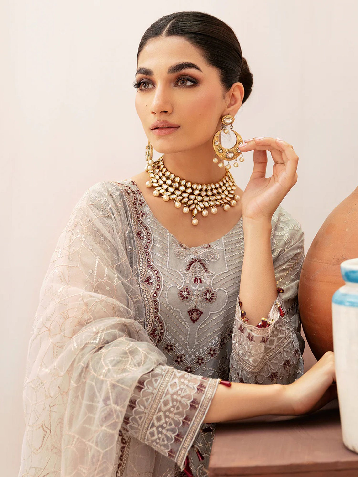 Ramsha "Kashish" Luxury Embroidered Chiffon Suit - Grey (K-208)