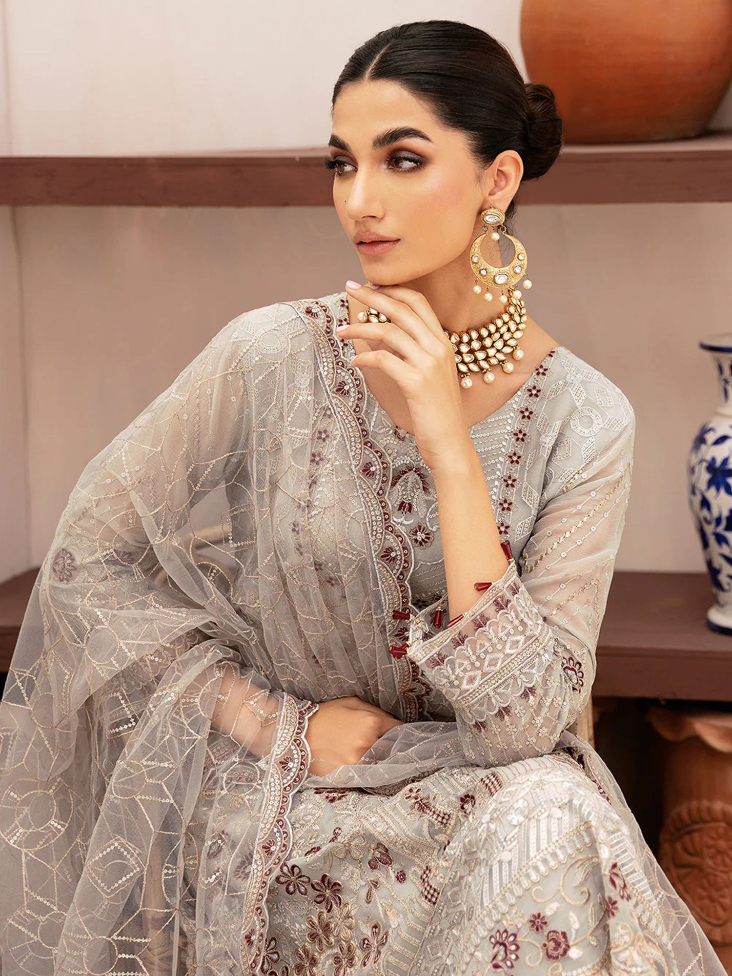 Ramsha "Kashish" Luxury Embroidered Chiffon Suit - Grey (K-208)