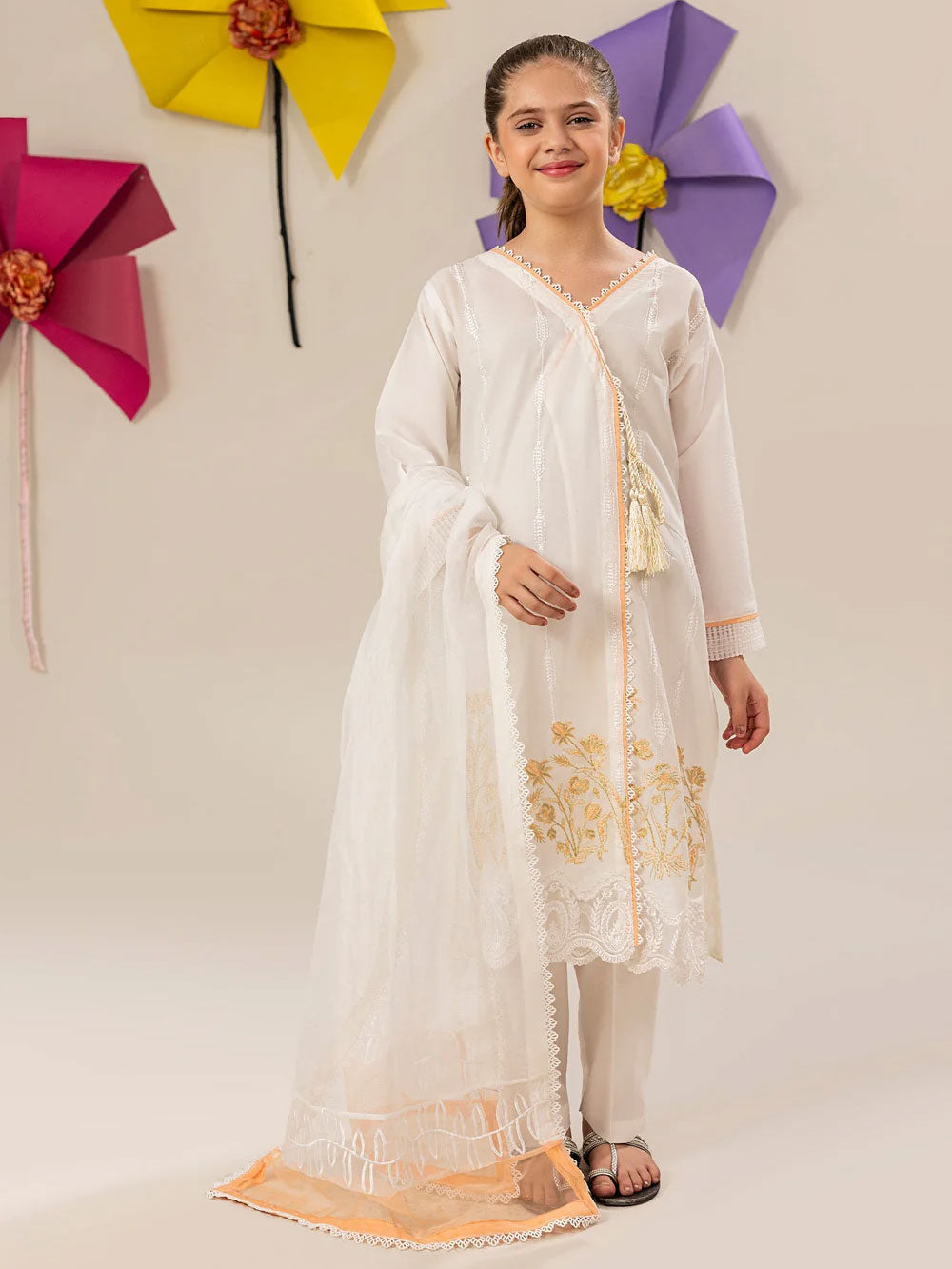 Zarqun Kids "Nissa" Embroidered Lawn Suit - White (2536A)