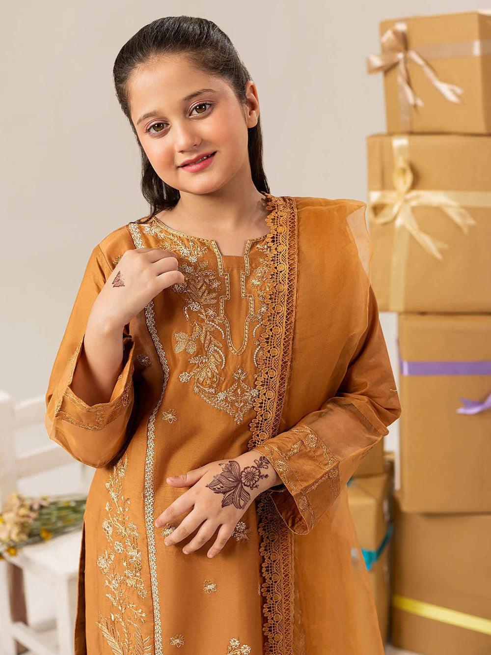 Zarqun Kids "Nissa" Embroidered Lawn Suit - Camel Brown (2541B)