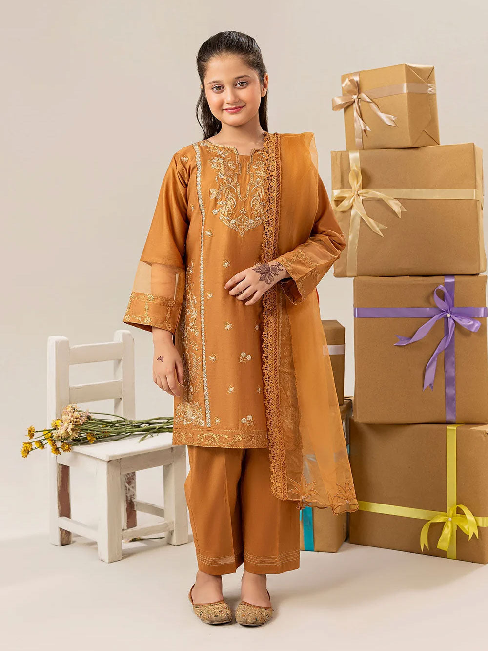 Zarqun Kids "Nissa" Embroidered Lawn Suit - Camel Brown (2541B)
