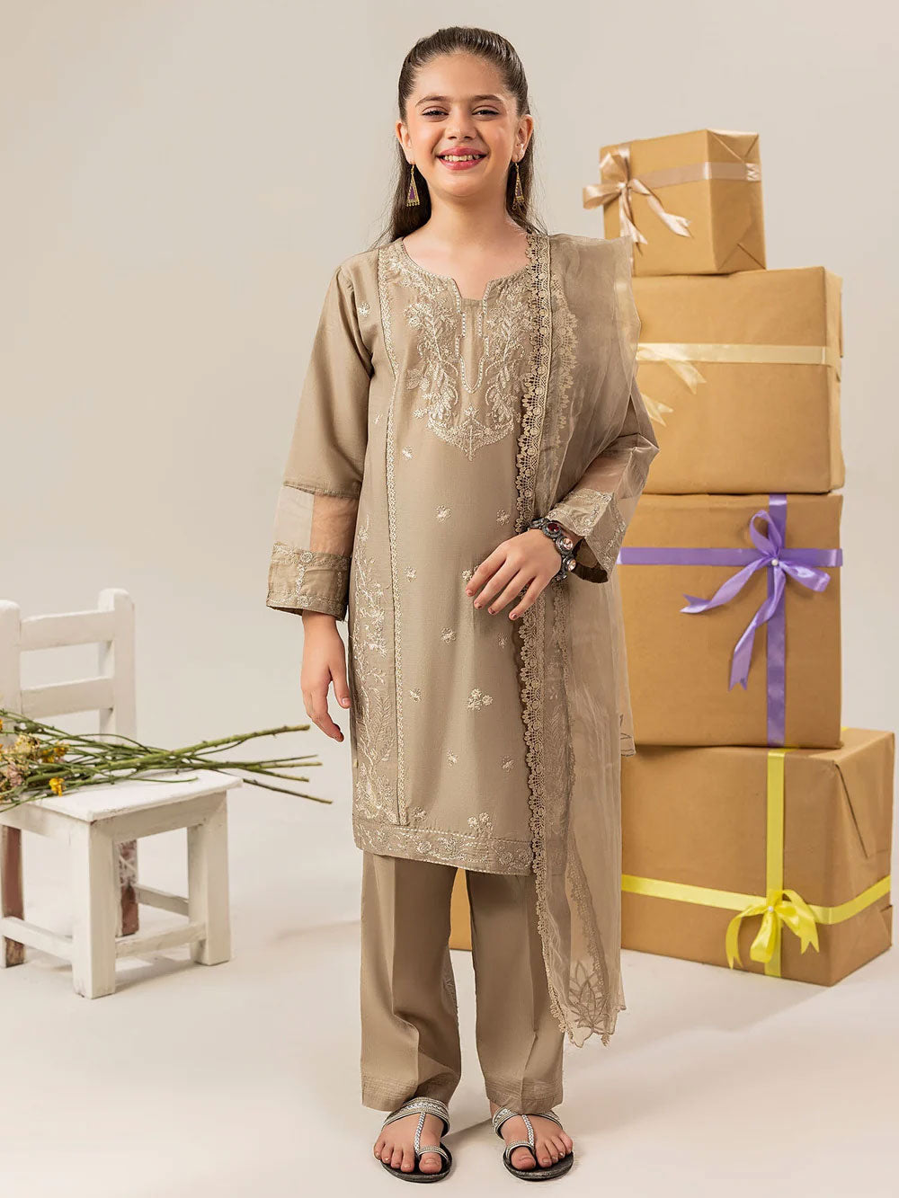 Zarqun Kids "Nissa" Embroidered Lawn Suit - Sand Brown (2541A)