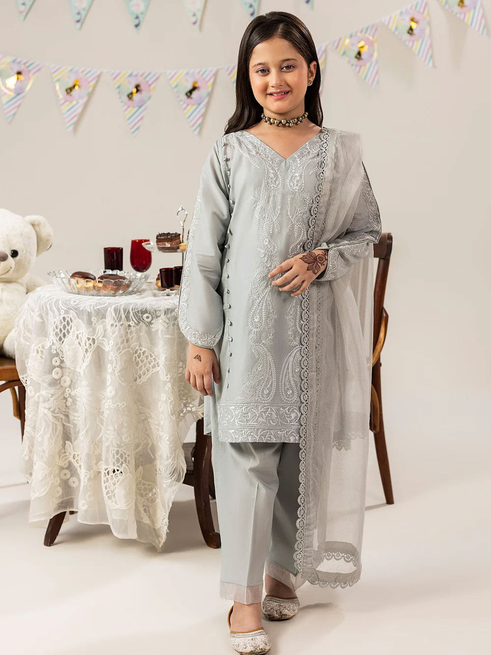 Zarqun Kids "Nissa" Embroidered Lawn Suit - Grey (2542B)