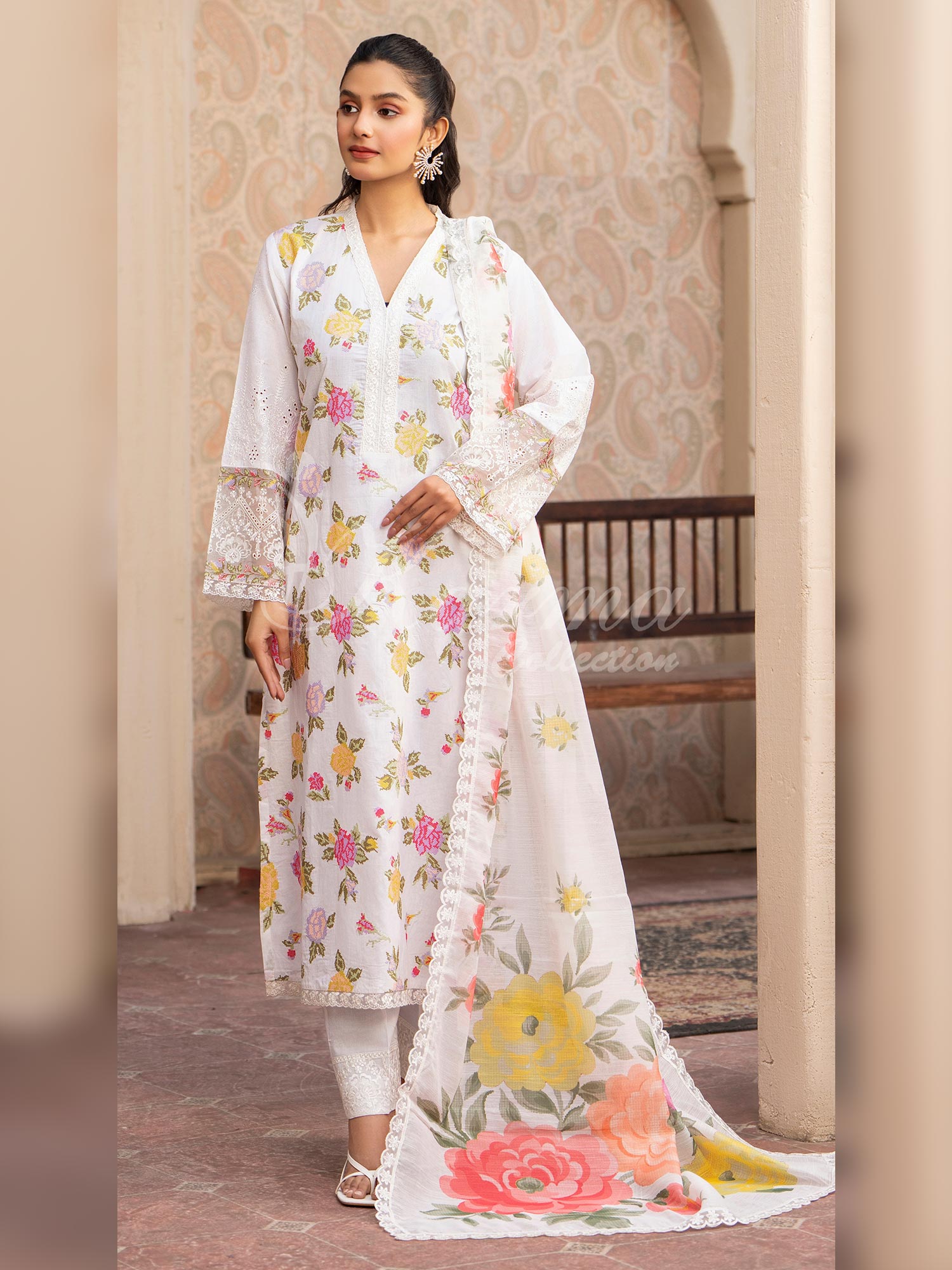 Karma Collection "Kayseria" White Embroidered Suit (KC1413)