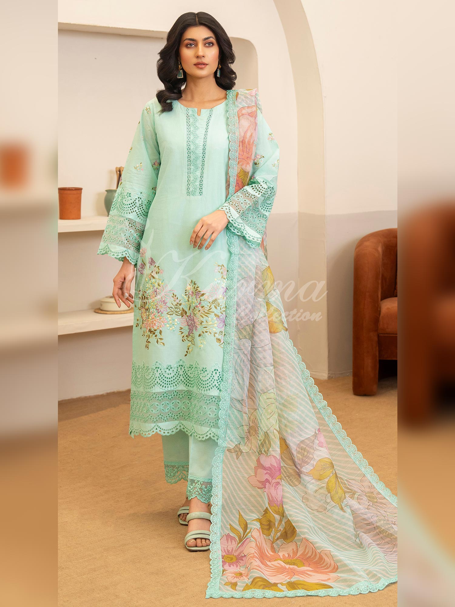 Karma Collection "Kayseria" Turquoise Embroidered Suit (KC1415)