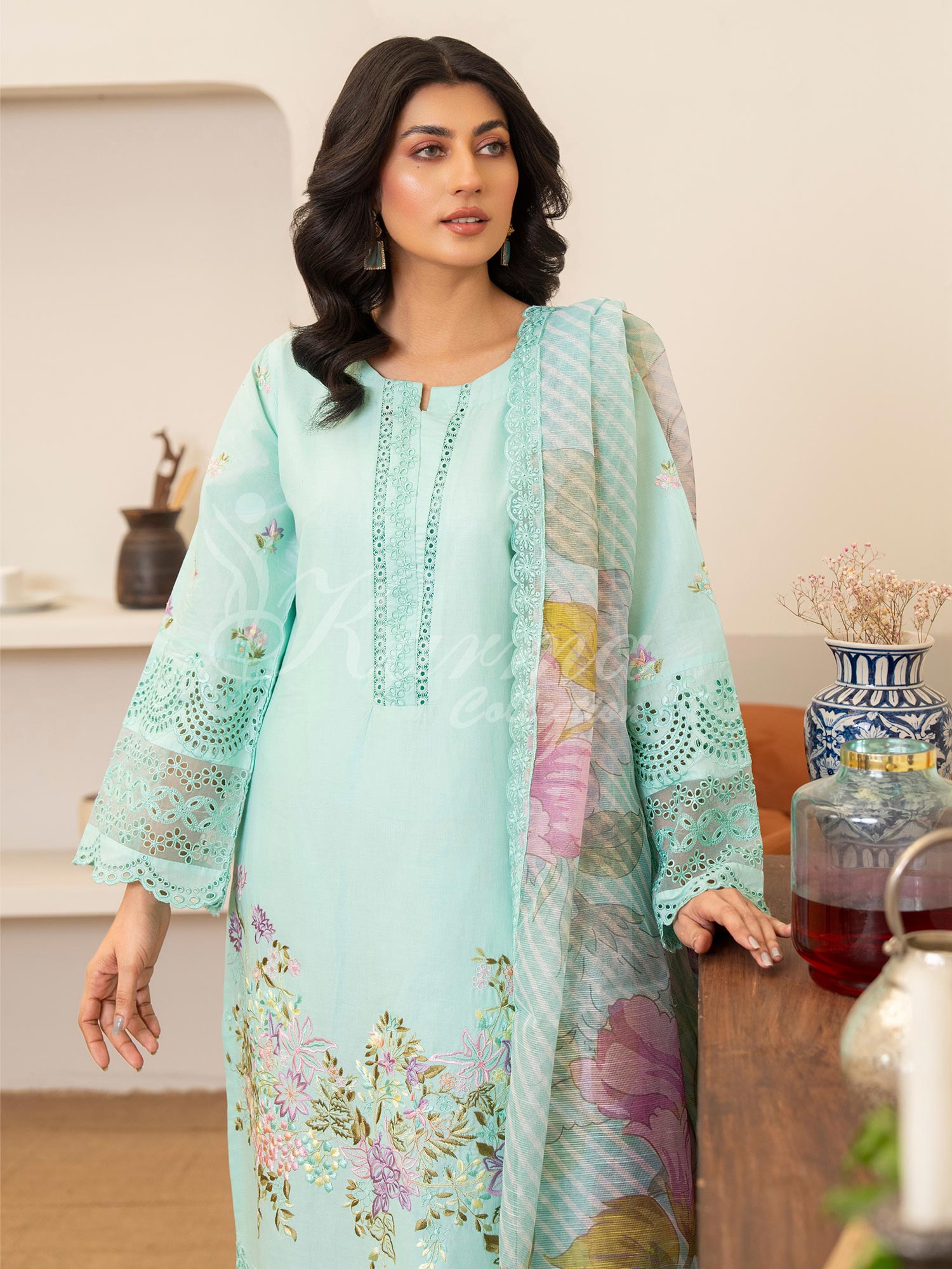 Karma Collection "Kayseria" Turquoise Embroidered Suit (KC1415)