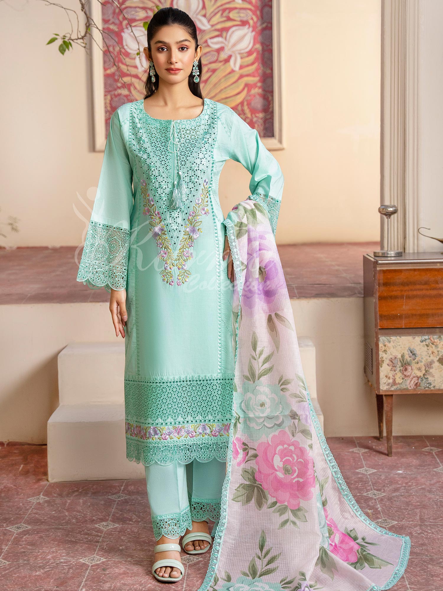 Karma Collection "Kayseria" Turquoise Embroidered Suit (KC1419)