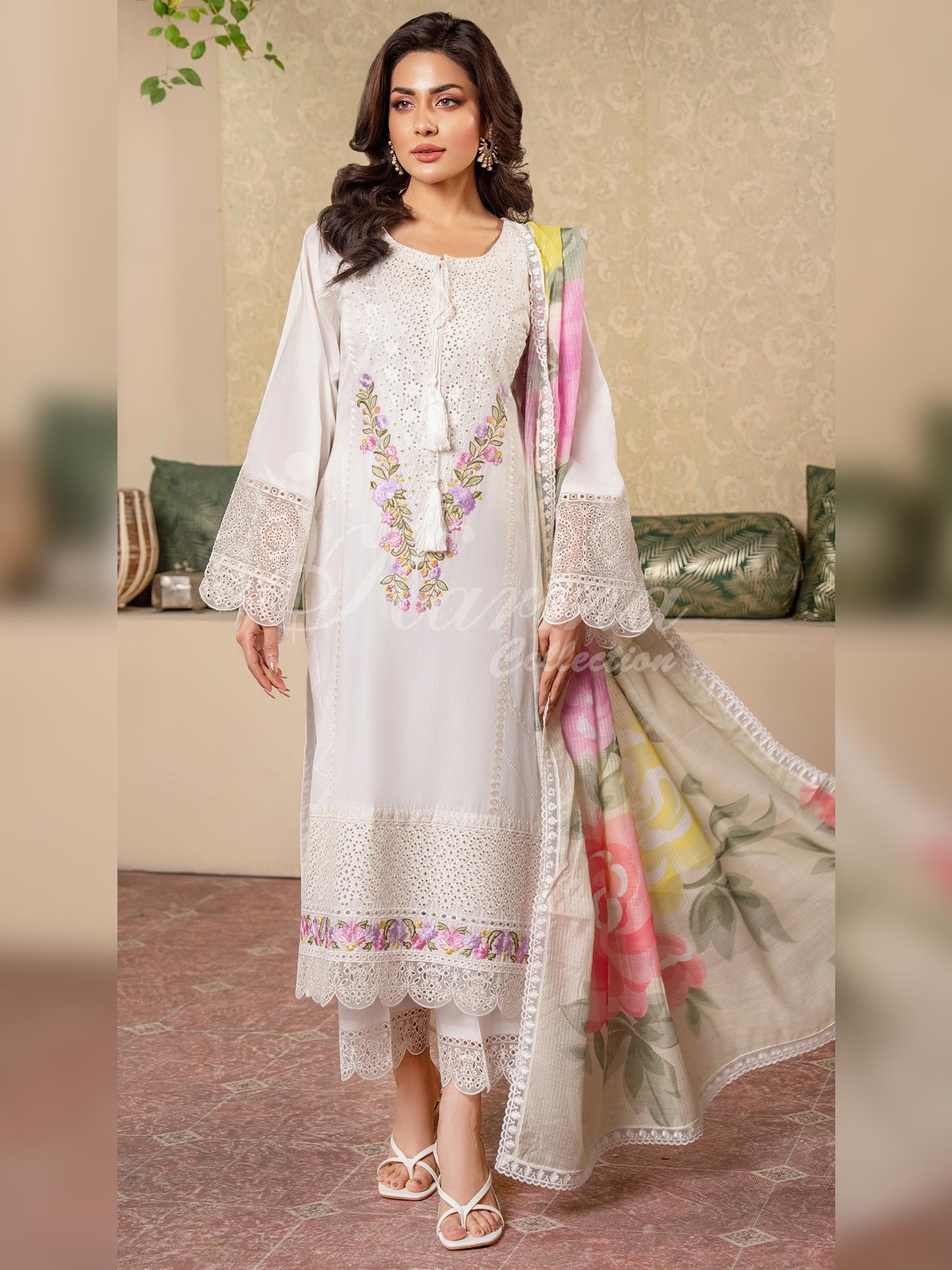 Karma Collection "Kayseria" White Embroidered Suit (KC1419)