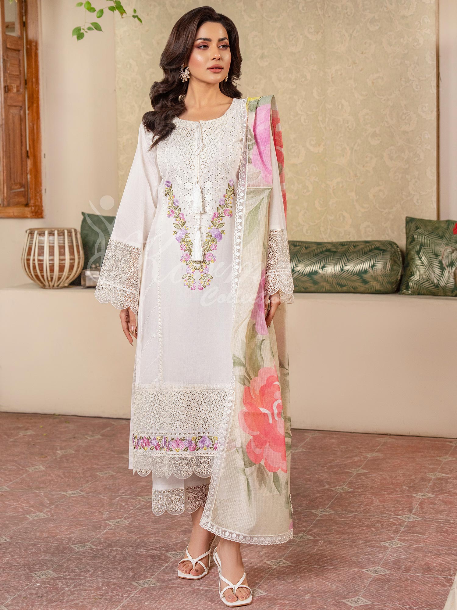 Karma Collection "Kayseria" White Embroidered Suit (KC1419)