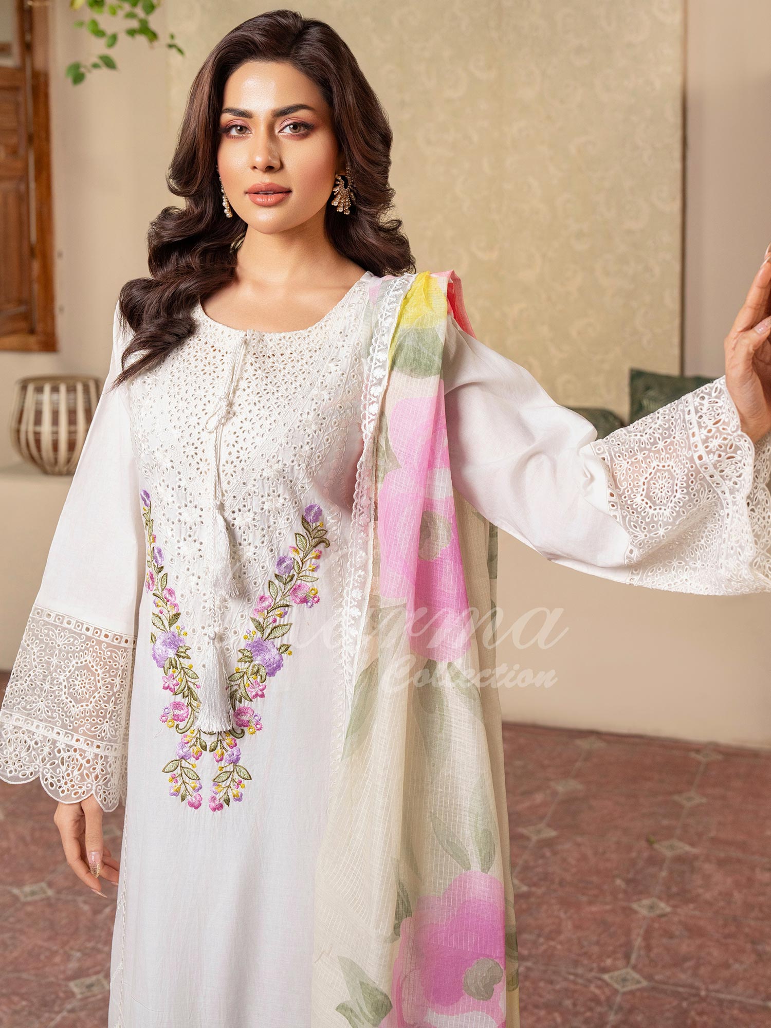 Karma Collection "Kayseria" White Embroidered Suit (KC1419)
