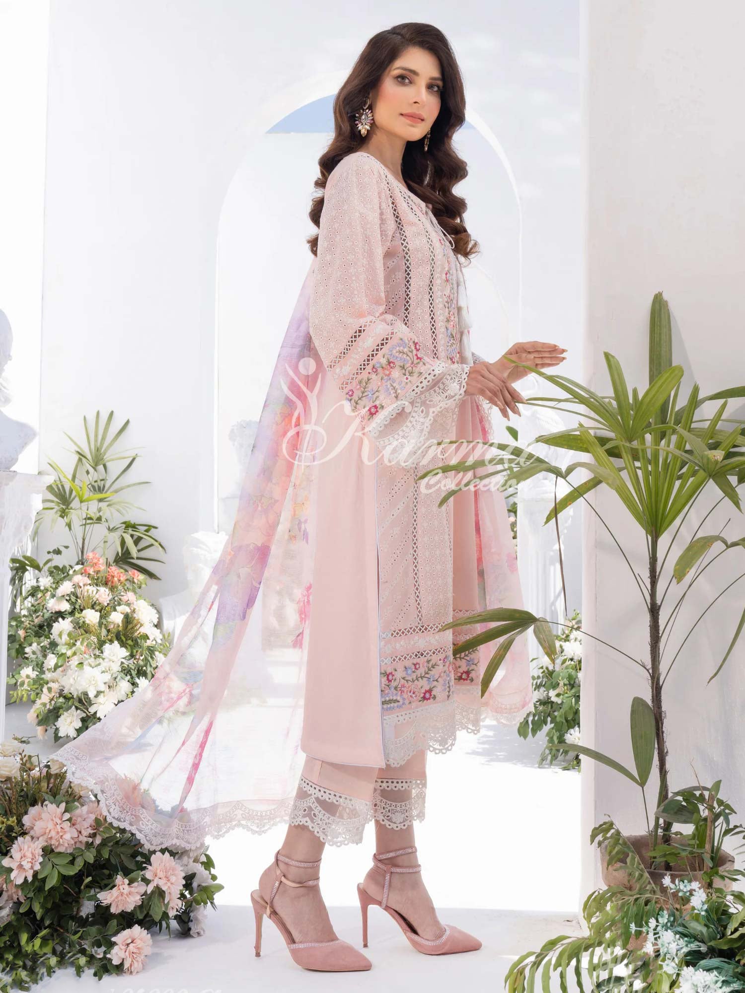 Karma Collection Peach-Pink Cotton Embroidered Suit (KC1330)