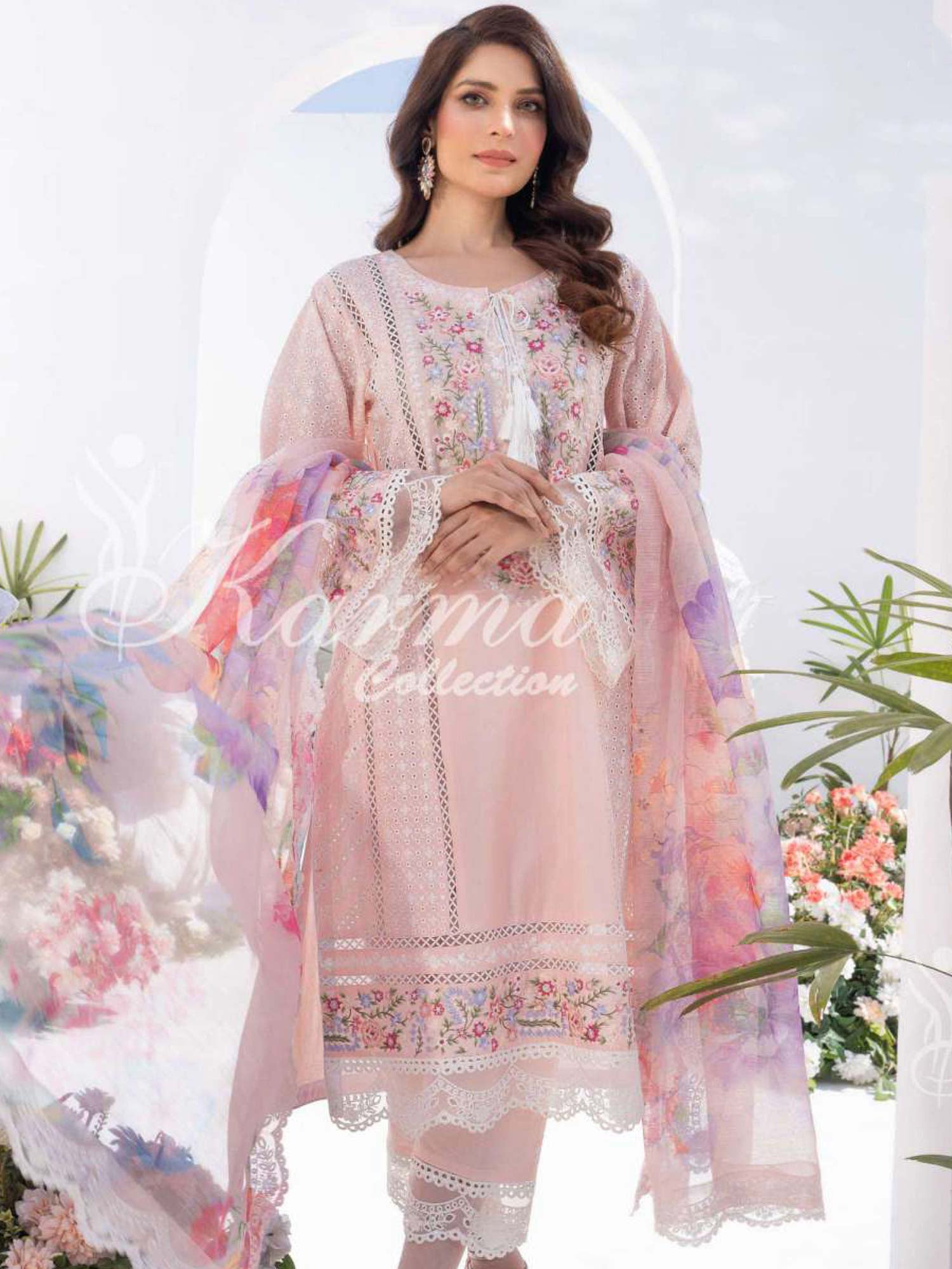 Karma Collection Peach-Pink Cotton Embroidered Suit (KC1330)