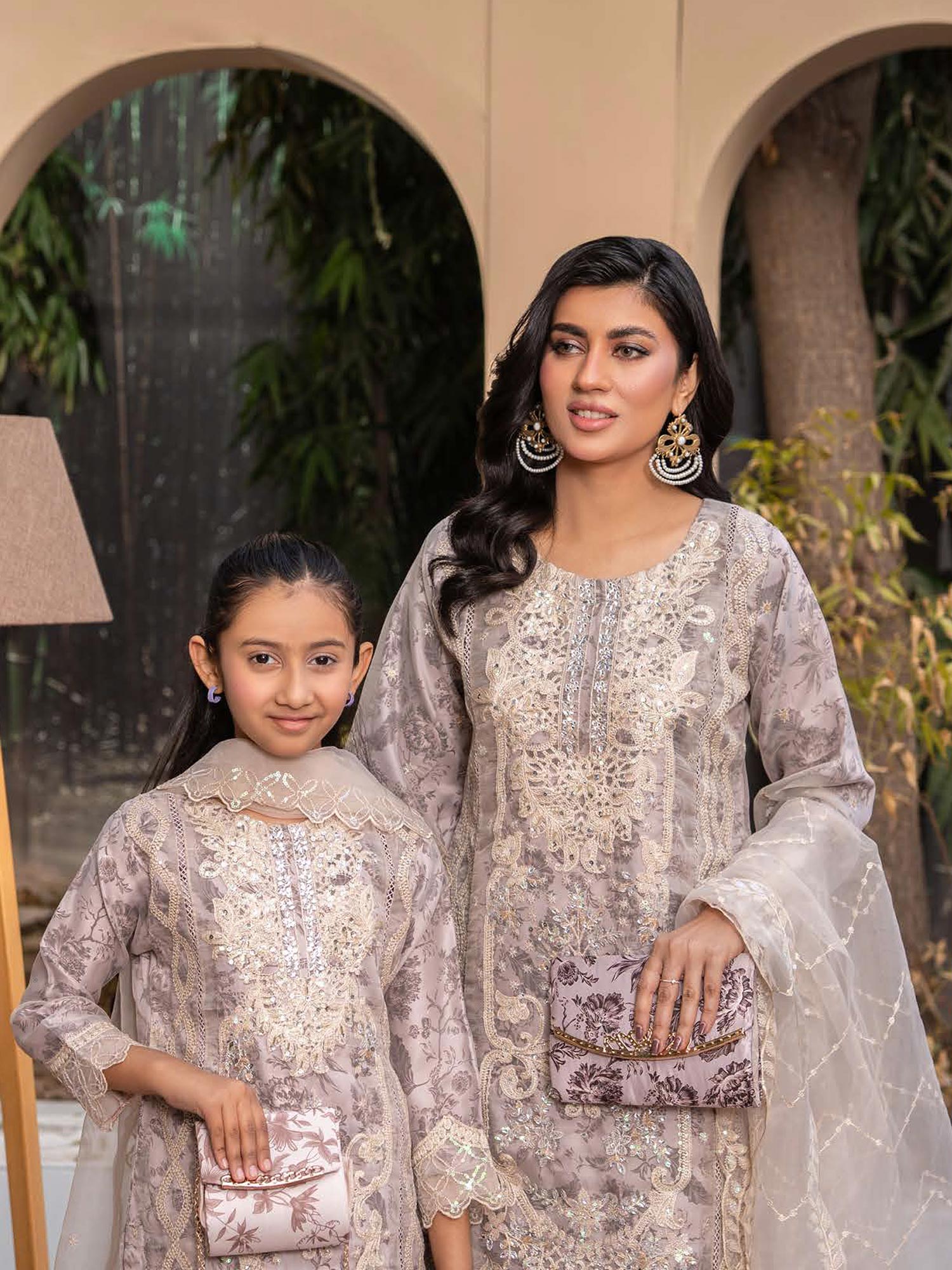 Rangz Mother-Daughter Lux Organza Suit with Clutch - Beige