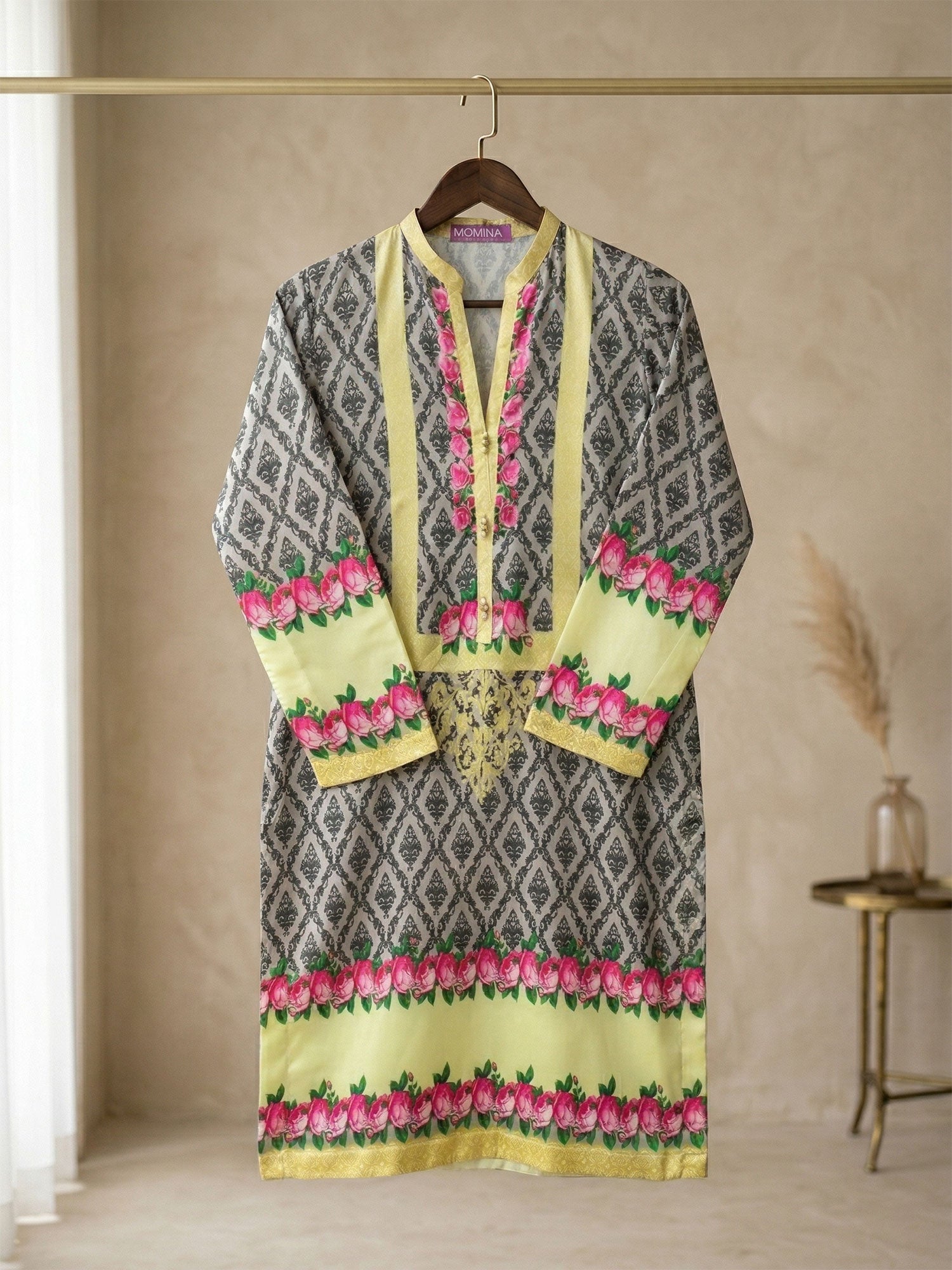 Printed Silk Kurta Shirt - Black & Lime