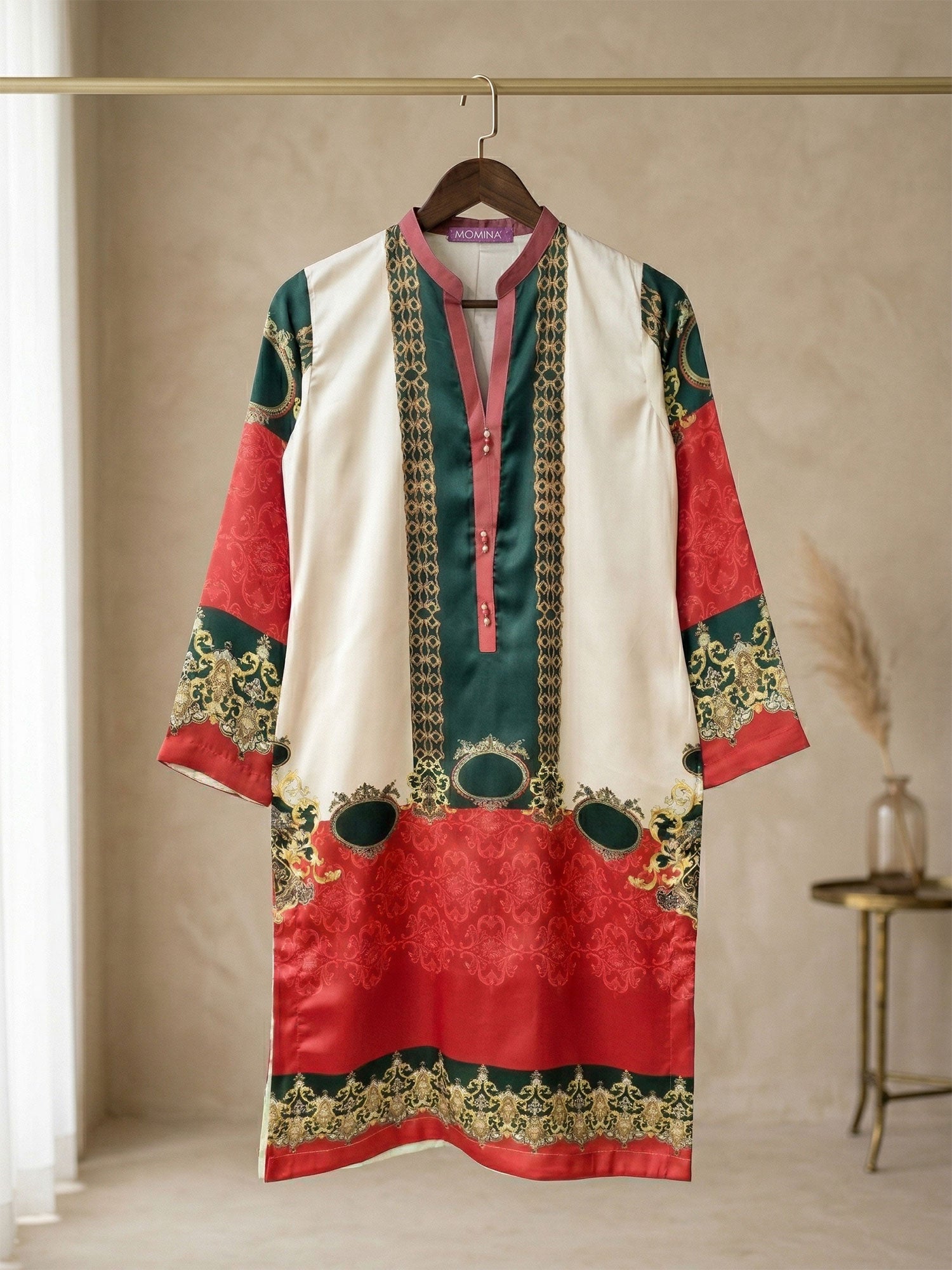 Printed Silk Kurta Shirt - Red & Peach